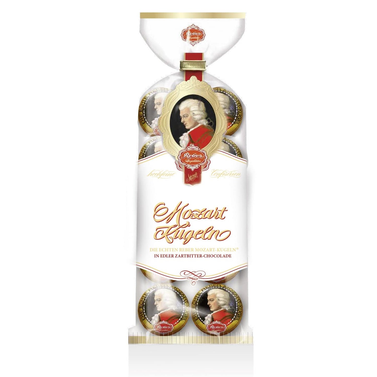 Reber Mozartkugeln – Süßwarenbeutel mit 8 Stück – Echte Reber Mozartkugeln aus dunkler Schokolade, Marzipan und Nougat – 1 x 160 g
