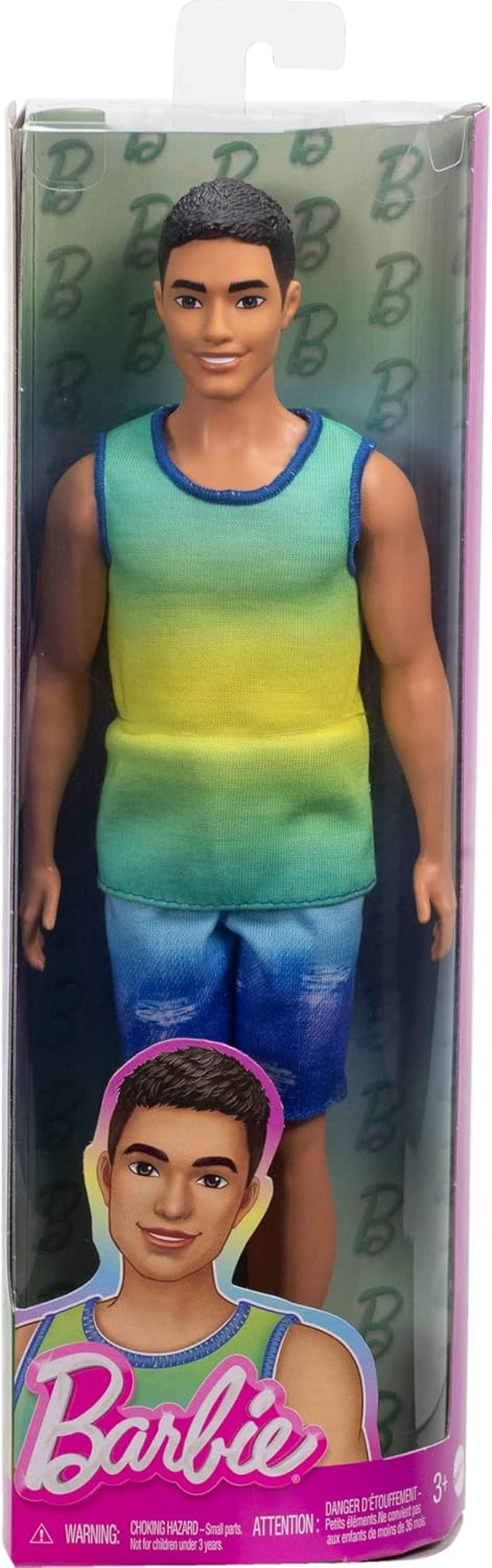 Ken Barbie Fashionistas Puppe Nr. 236 mit schwarzem Haar, blaugrünem Ombré-Tanktop, Jeansshorts und silbernen Turnschuhen, HYV00