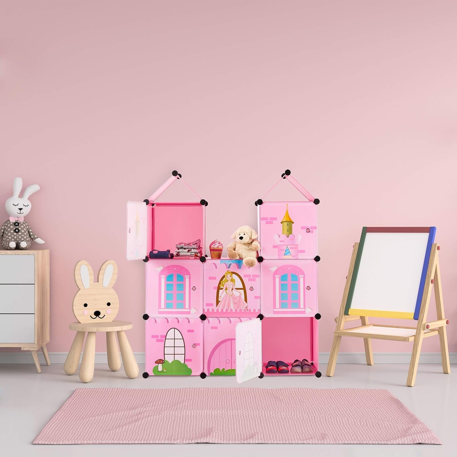 Relaxdays Modulregal für Kinderzimmer, Prinzessinnenschloss-Design, Kunststoff, DIY-Schrank mit Türen, HL: 128 x 110 x 37 cm, rosa