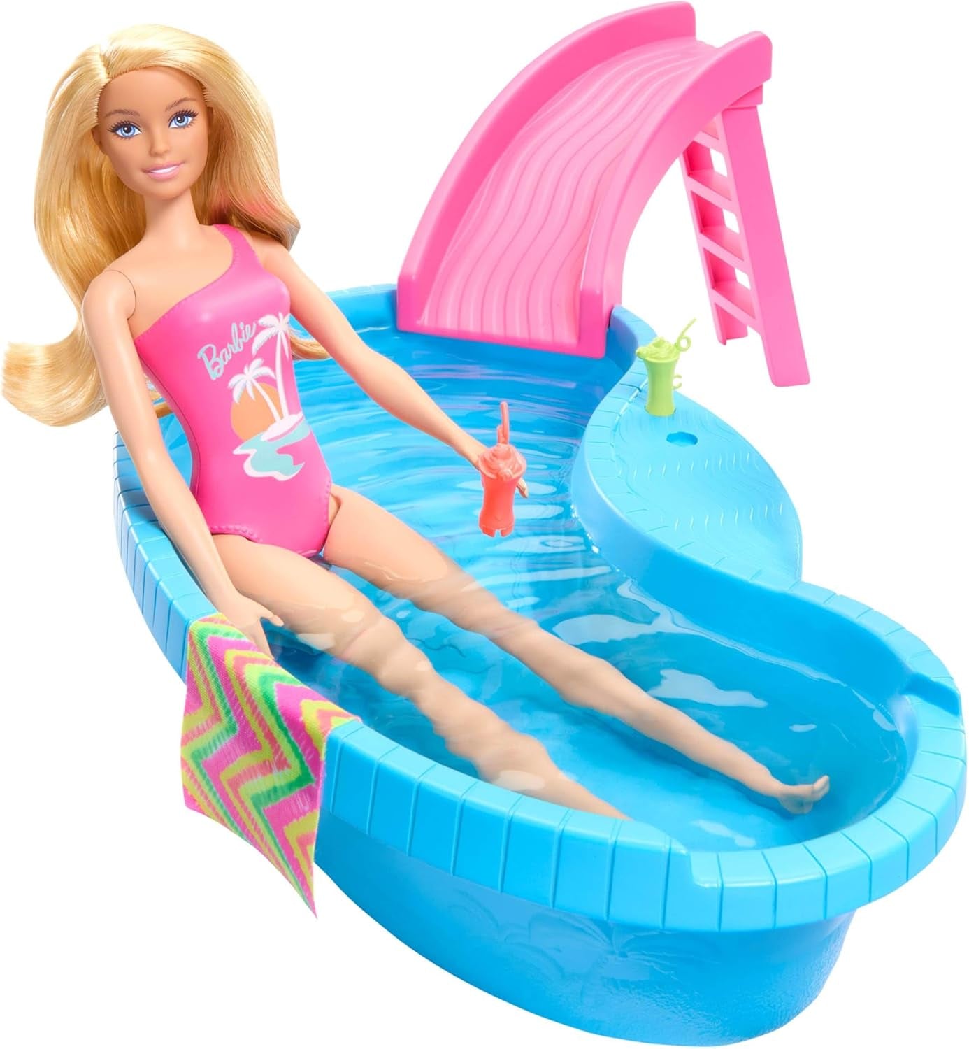 Barbie-Puppe und Zubehör – Pool mit Rutsche und Zubehör für stundenlangen Spaß in der Sonne, rosa Badeanzug mit tropischem Design, für Kinder ab 3 Jahren, HRJ74