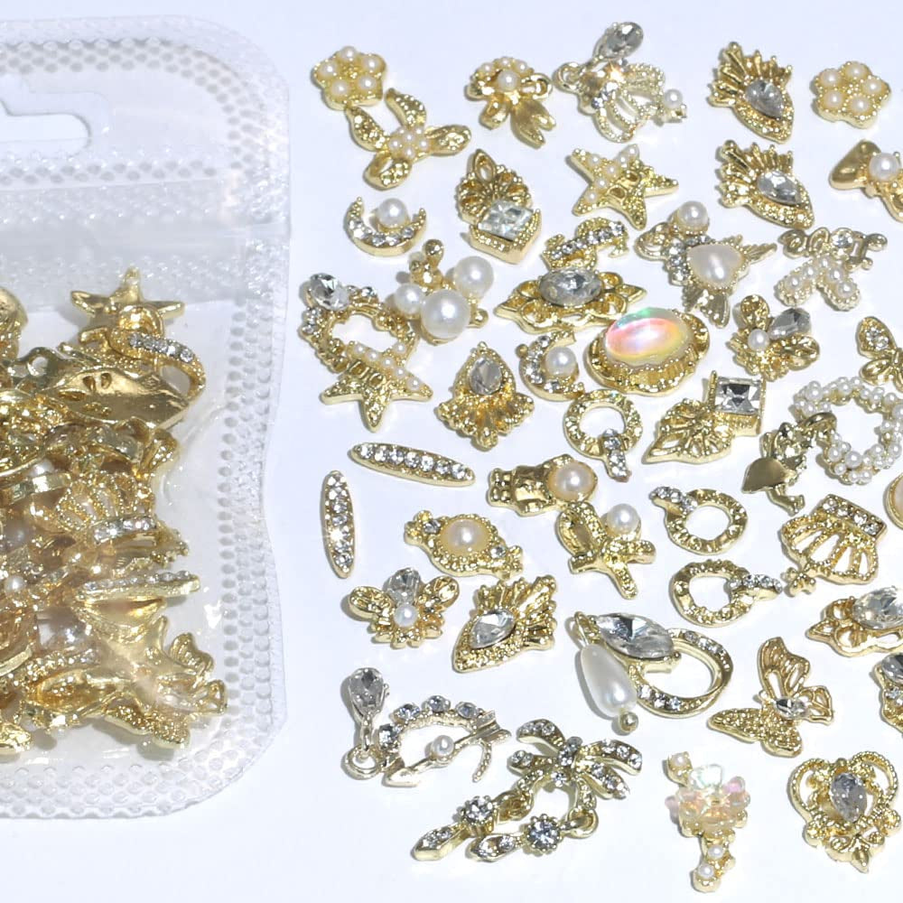50 Stück Gold Nail Charms,Mix Styles Glitzersteine ​​​​Nägel Perle Legierung Nagel Steine ​​Blume Schmetterling Strasssteine ​​​​Nägel Herz Stern Nagel Charms DIY Nail Art Zubehör Frauen Nägel Deko