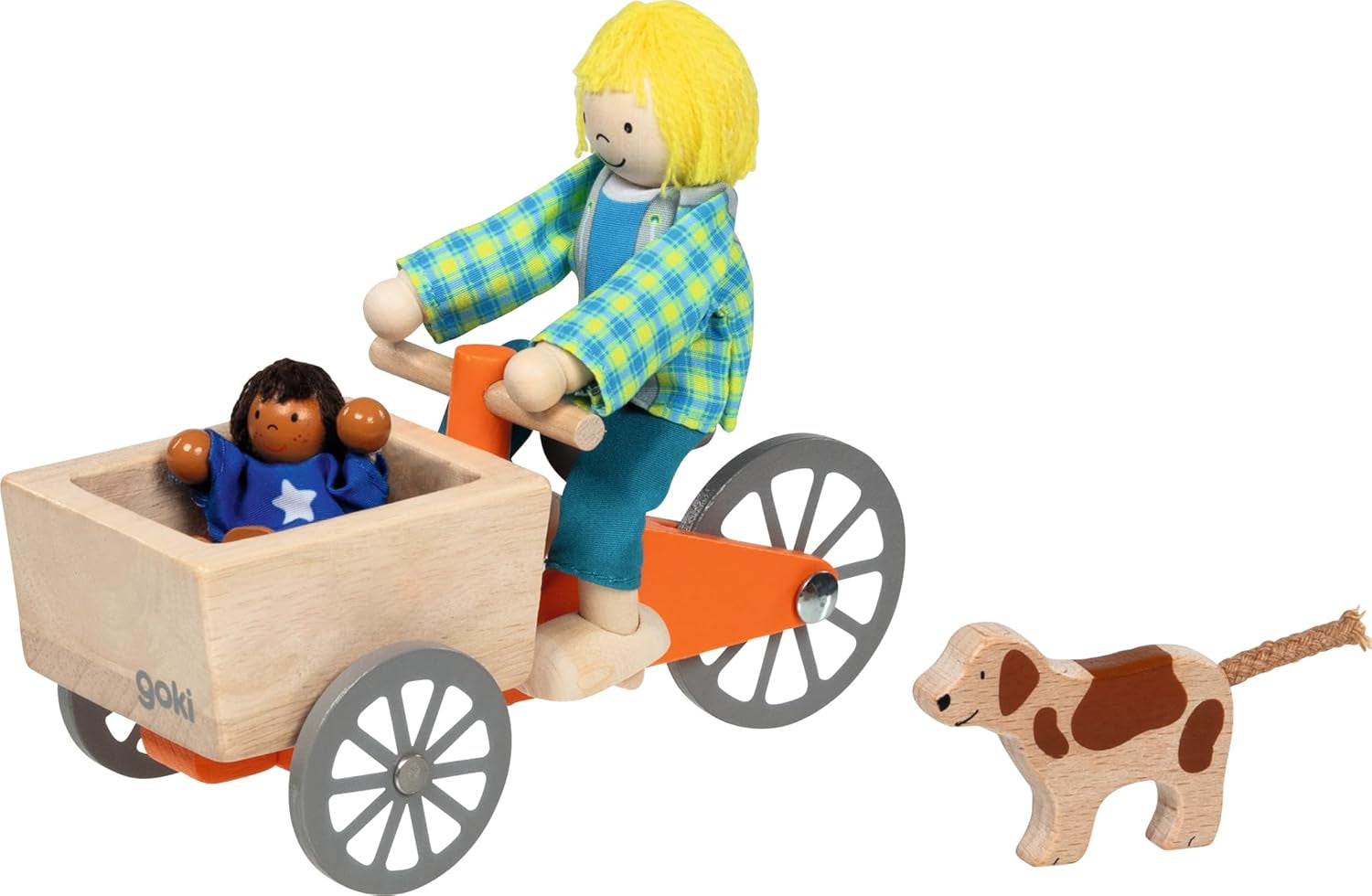 Lastenfahrrad mit 2 flexiblen Puppen und Hund: Lastenfahrrad: 16 x 6,8 x 7,5 cm, Holz, Stoff, 4 Stück, pro Set, braun