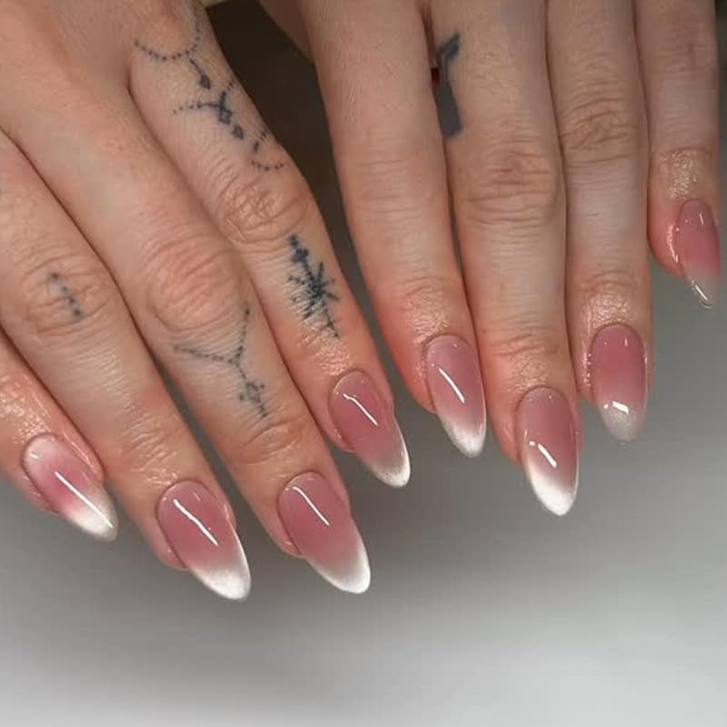 Mouyouglow Kurze magnetische künstliche Nägel, rosa mandelroter Farbverlauf, glitzerndes Katzenauge mit Kleber, rosa rote Ombre-Glitzer-Phototherapie-künstliche Nägel für Frauen und Mädchen