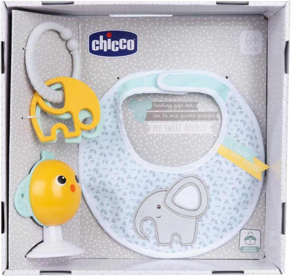 Chicco Essensgeschenkset Dou Dou, Lätzchenset, Hochstuhlspielzeug mit Saugnapf in Form eines süßen Huhns, mit zwei bunten Rasseln, leicht zu fangen ab 6 Monaten. Babyspielzeug Naty Shop Standardtitel