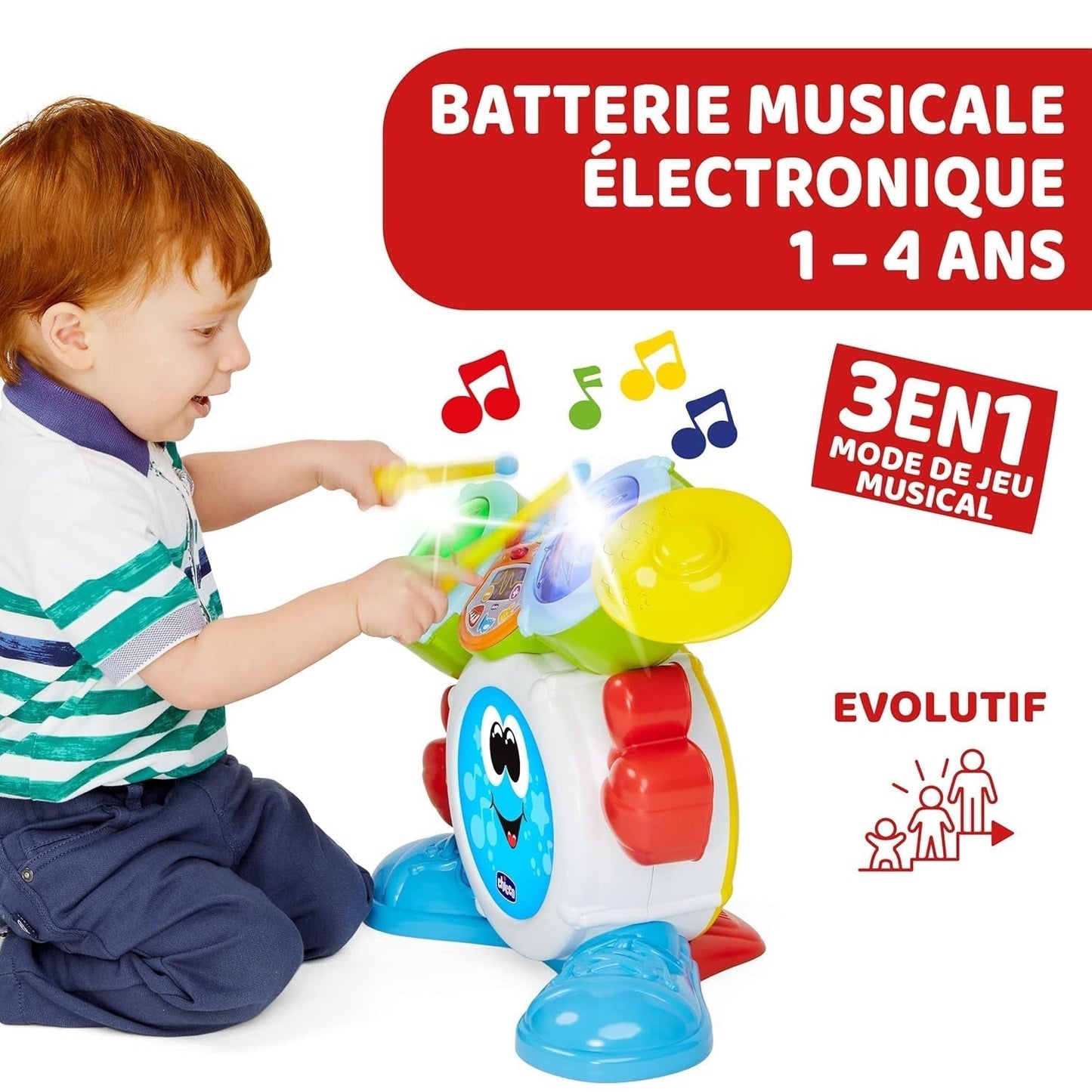 Chicco 00009820100000 Mi First Schlagzeug-Set mit Lichtern und Sounds, 3 Spielmodi, Musikinstrument mit Batterie für Kinder, mehrfarbig, groß, Jucarii Bebe Naty Shop