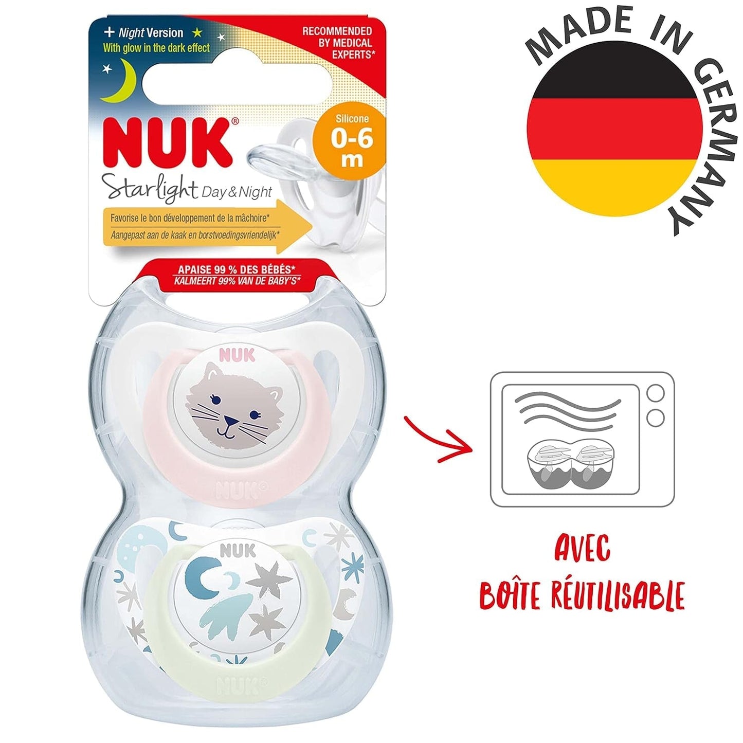 NUK Star Night & Day Baby-Schnuller 0–6 Monate, leuchtet im Dunkeln, BPA-freies Silikon, rosa Katze, 2er-Pack