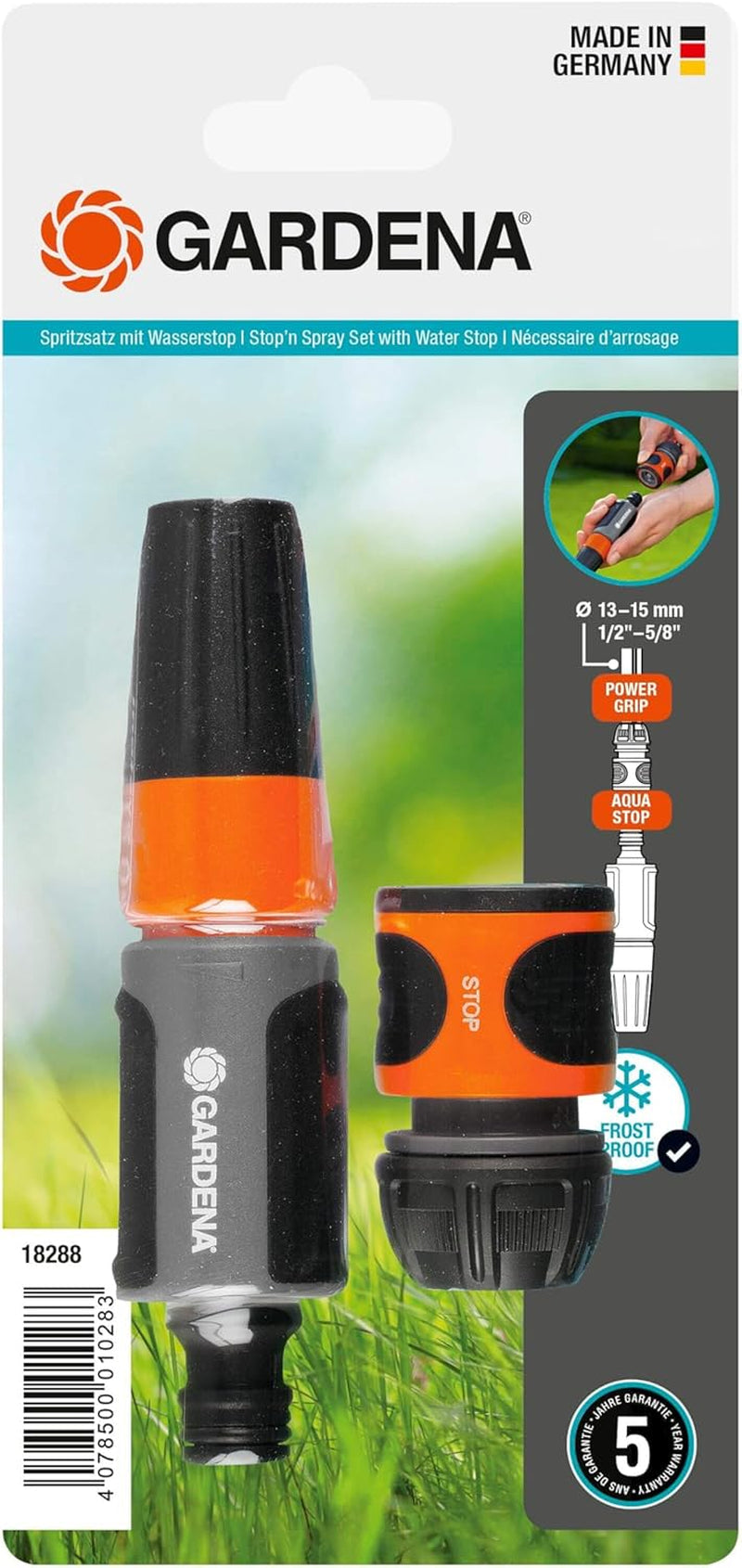 Gardena Sprühset für 13 mm (1/2 Zoll) und 15 mm (5/8 Zoll) Schläuche: Reinigungssprühset mit Aquastop für schnellen Anschlusswechsel (18288-20)