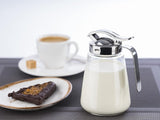 APS 765 Universalbecher, Ausgießbecher aus Glas mit Schraubverschluss aus Edelstahl, Ausgießbecher für Honig, Kaffeesahne oder andere Flüssigkeiten, 8,5 x 12 cm, 13 cm hoch