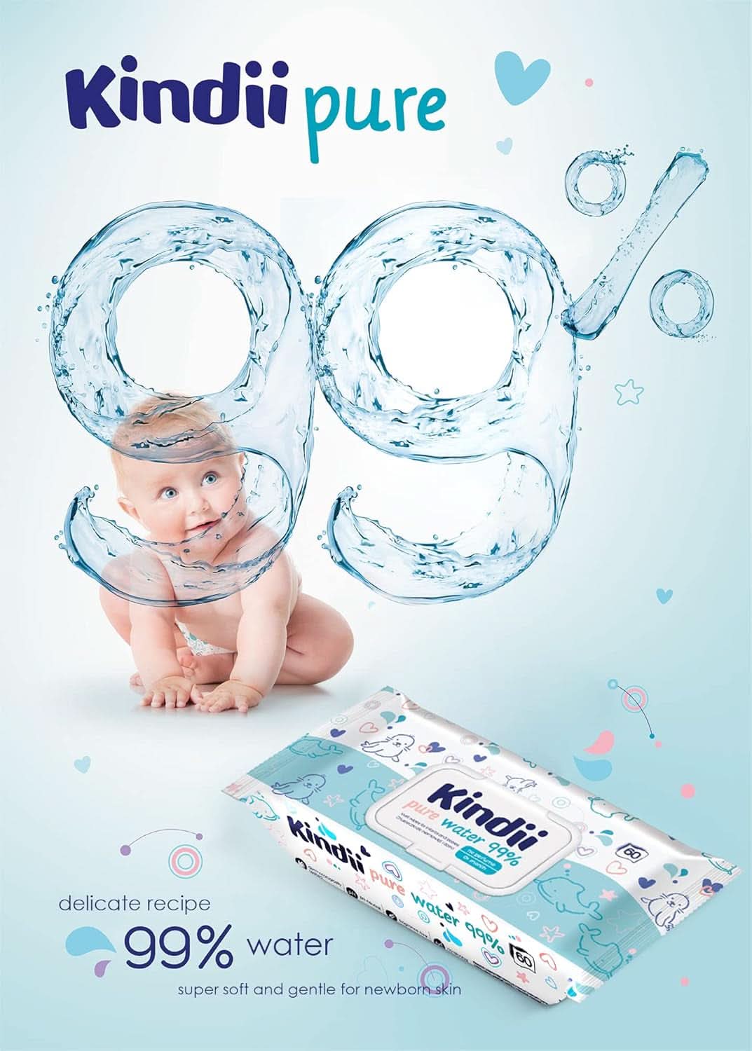 Kindii Feuchttücher Für Babies Und Kinder Pure Water 99% - 99%ige Zusammensetzung Auf Wasserbasis - Allantoin - Unparfümiert - Dermatologisch Getestet - Für Empfindliche Haut - 720 Stück - 12X60 Stück Naty Shop