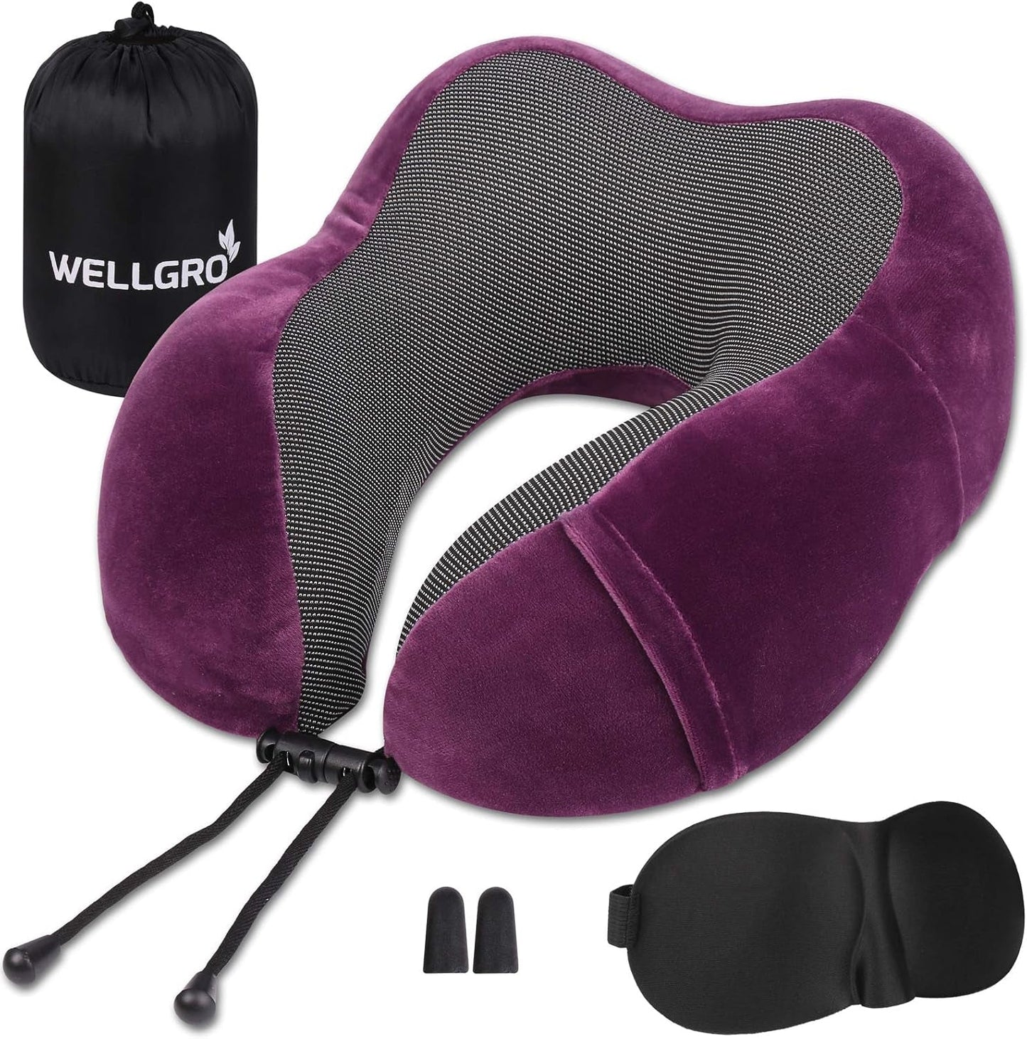 WELLGRO Nackenkissen-Set mit 3D-Schlafmaske und Ohrstöpseln – abnehmbarer Bezug – Memory-Schaum – Reißverschluss – inklusive Aufbewahrungstasche – Reisekissen – Farbe wählbar, Farbe: Grau Naty Shop Fuchsia Orthopädische Nackenkissen