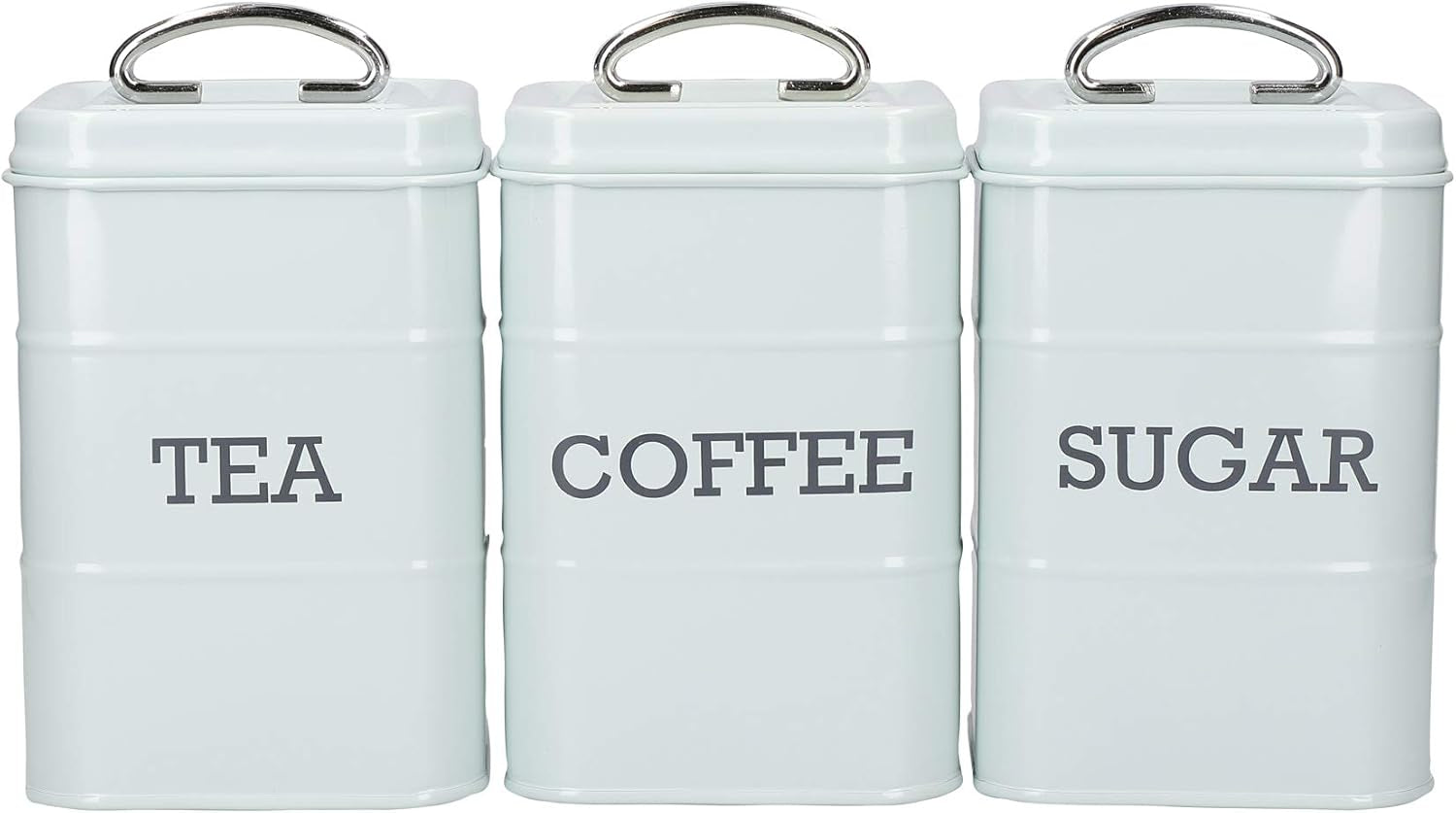 KitchenCraft Living Nostalgia Set mit 3 Vorratsdosen für Tee, Zucker und Kaffee in Geschenkbox, Stahl, Antikcreme, 11 cm x 11 cm x 17 cm, Vintage-Blau, Aufbewahrungsboxen für Lebensmittel, Naty Shop, Antikcreme