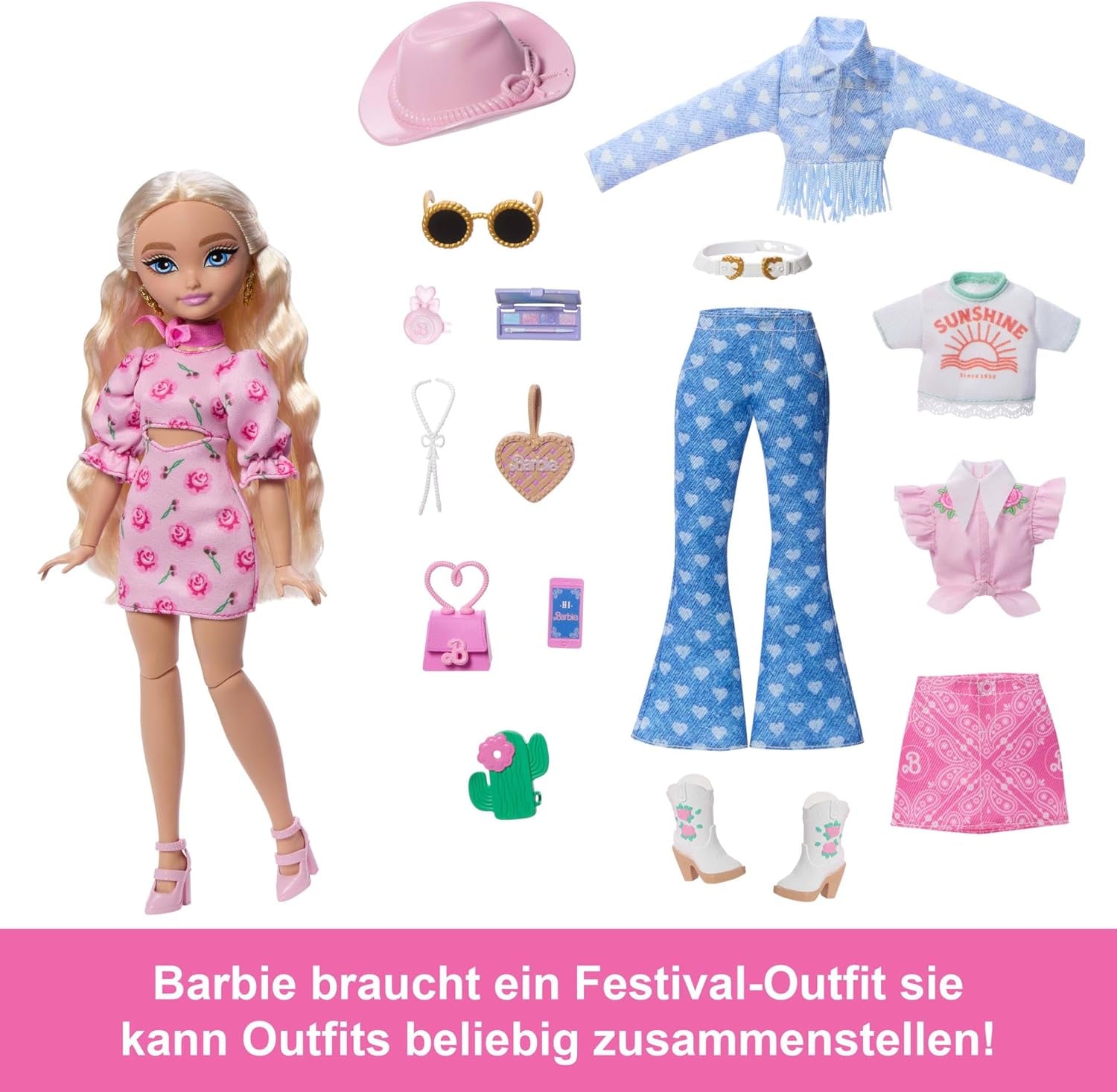 Barbie Dream Besties Festival-Looks-Set, mit Barbie Malibu-Puppe mit langen blonden Haaren zum Stylen und über 10 abnehmbaren Kleidungsstücken und Accessoires, JGH87
