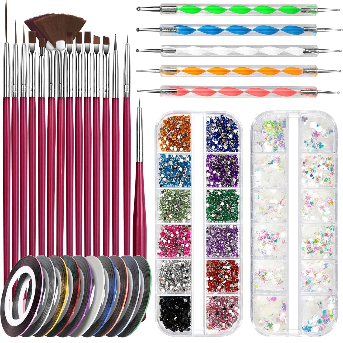 FANDAMEI Nail Art Pinsel Set, 15 Stücke Pinsel Für Gelnägel Nagel Pinsel, 5 Stücke Gepunkteter Stift, 10 Rolle Streifenband Nägel, Strasssteine ​​​​Nägel, Ultra Dünne Nagel Pailletten Für Nagelkunst Maniküre Set