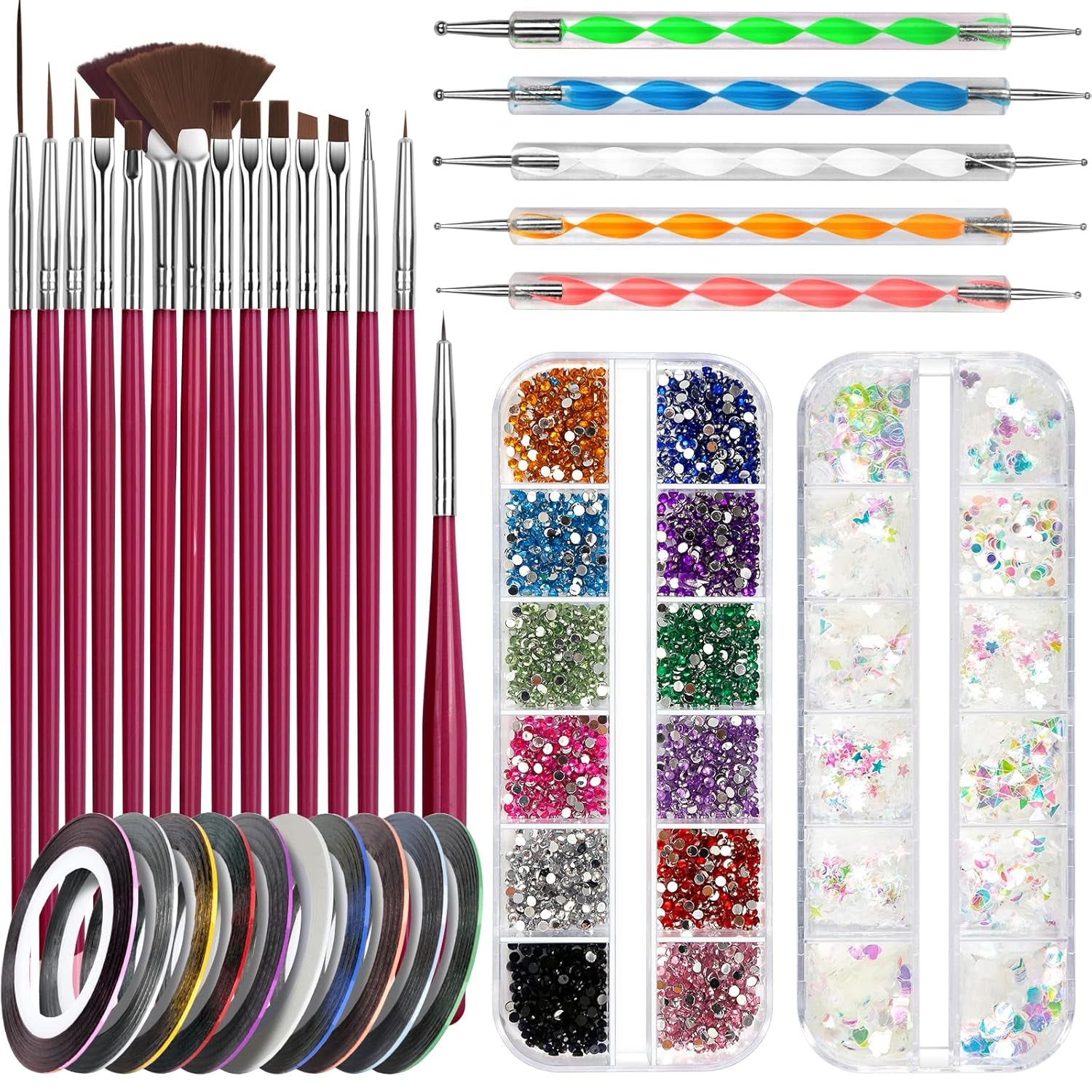 FANDAMEI Nail Art Pinsel Set, 15 Stücke Pinsel Für Gelnägel Nagel Pinsel, 5 Stücke Gepunkteter Stift, 10 Rolle Streifenband Nägel, Strasssteine ​​​​Nägel, Ultra Dünne Nagel Pailletten Für Nagelkunst Maniküre Set