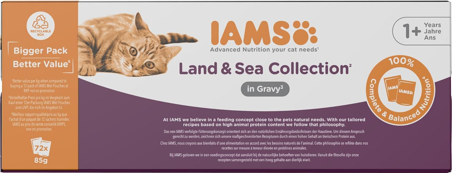 IAMS Delights Land & Sea Collection Nassfutter für Katzen – Fleisch- und Fischsortiment, Multipack in Soße, Nassfutter für Katzen ab 1 Jahr, 72 x 85 g
