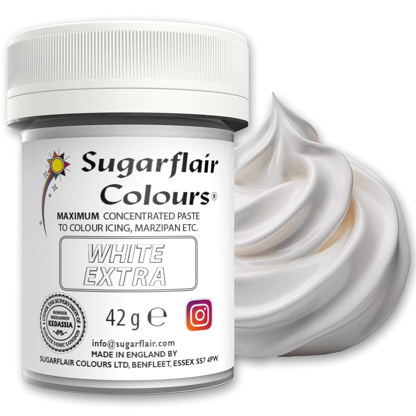 Lebensmittelfarbe Sugarflair Max Concentrated White Extra, hochkonzentrierte Lebensmittelfarbe für Marzipan und Fondant, Pastenfarbe Max Concentrate – 42 g