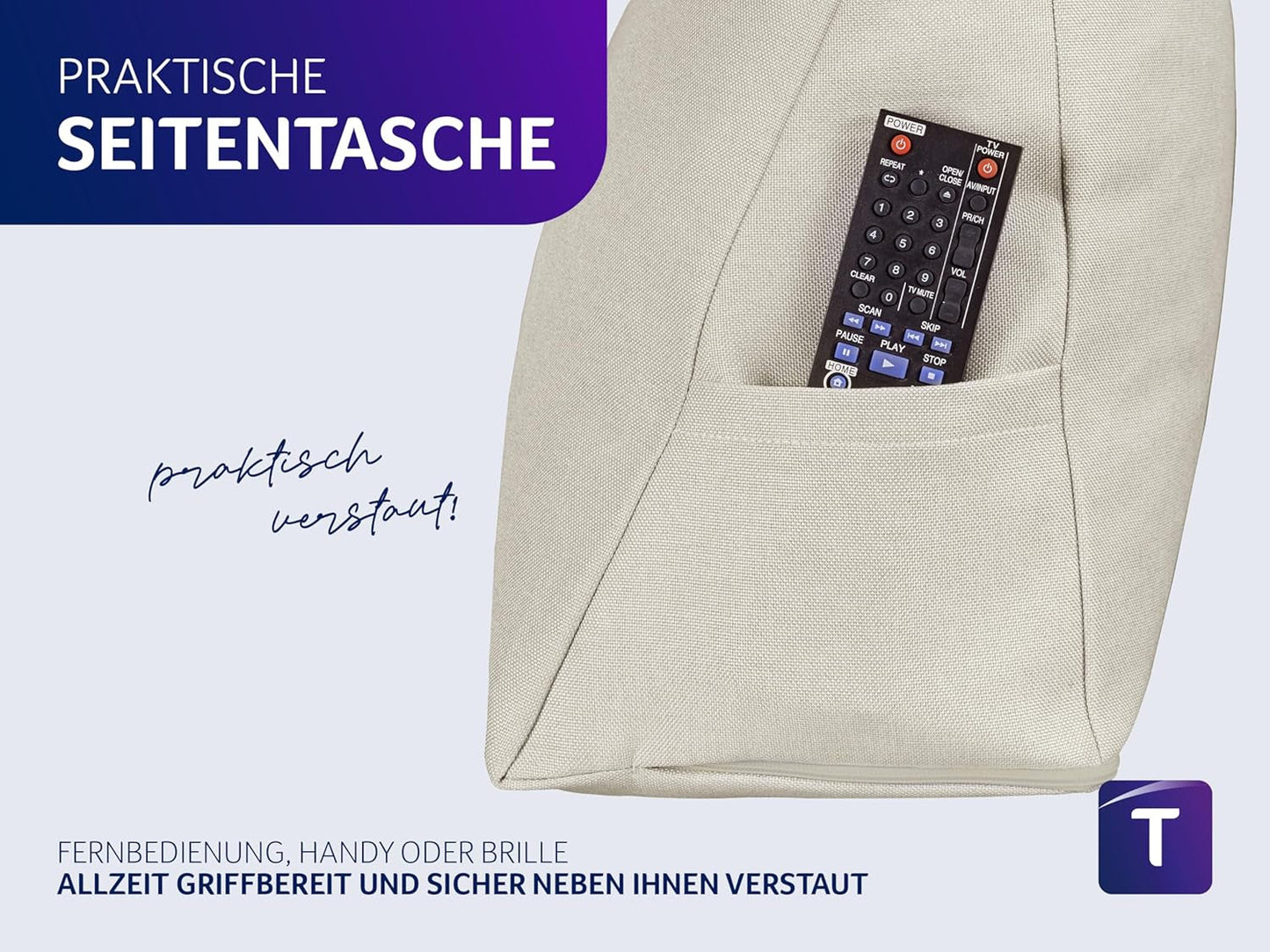 Traumnacht Cozy Rückenkissen, Lesekissen, 70 x 40 cm beige, abnehmbarer und waschbarer Bezug aus 100 % Polyester, praktische Seitentasche, Öko-Tex zertifiziert, nach deutschen Qualitätsstandards produziert