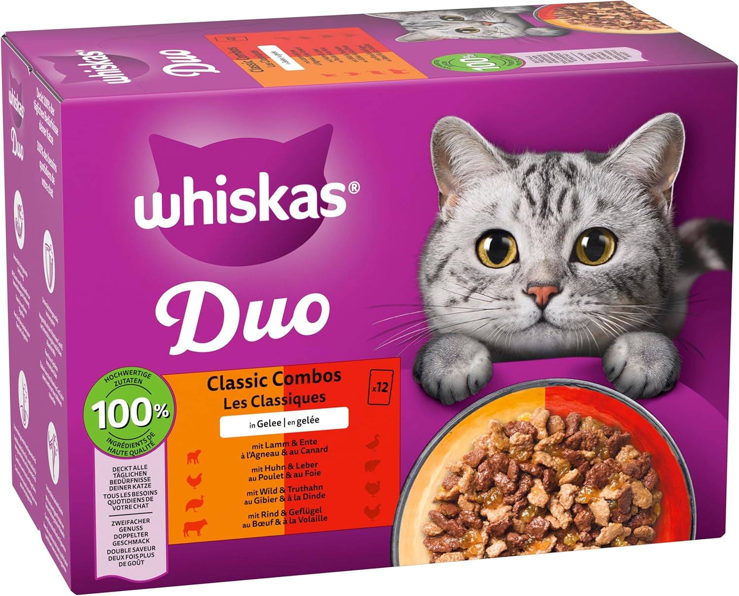 WHISKAS Duo-Beutel für Nassfutterportionen, Multipack, klassische Kombination in Gelee, 12 x 85 g