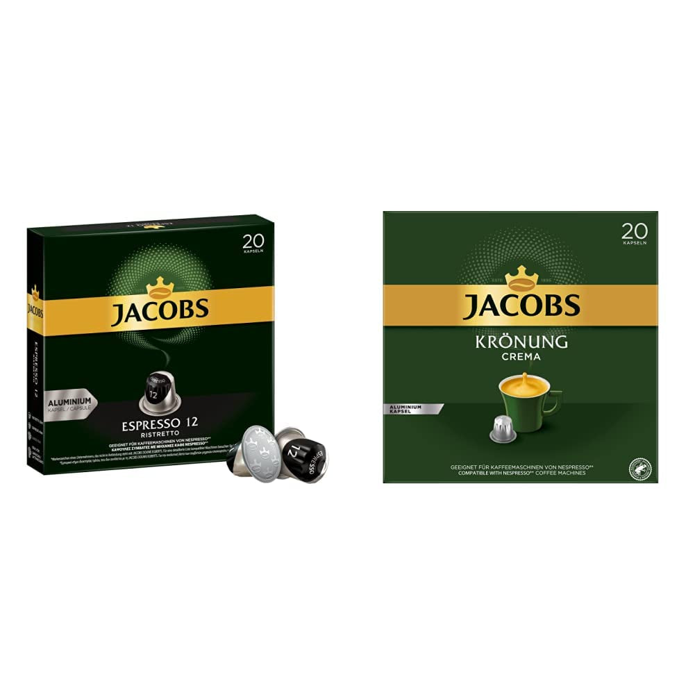 Kaffeekapseln Espresso Ristretto, Intensität 12 von 12 & Kaffeekapseln Krönung Crema, 200 Nespresso-kompatible Kapseln, 10er Pack, 10 x 20 Getränke, 1040 g