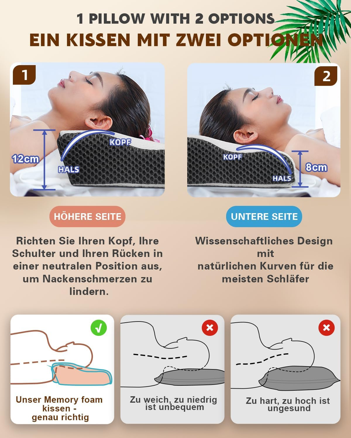 Nackenschmerzkissen, ergonomisches orthopädisches Nackenkissen, seitliches Rücken-Bauchkissen aus Memory-Schaum, Anti-Schnarch-Kissen für Männer und Frauen (62 x 34,5 x 12/8 cm). Orthopädische Nackenkissen von Naty Shop