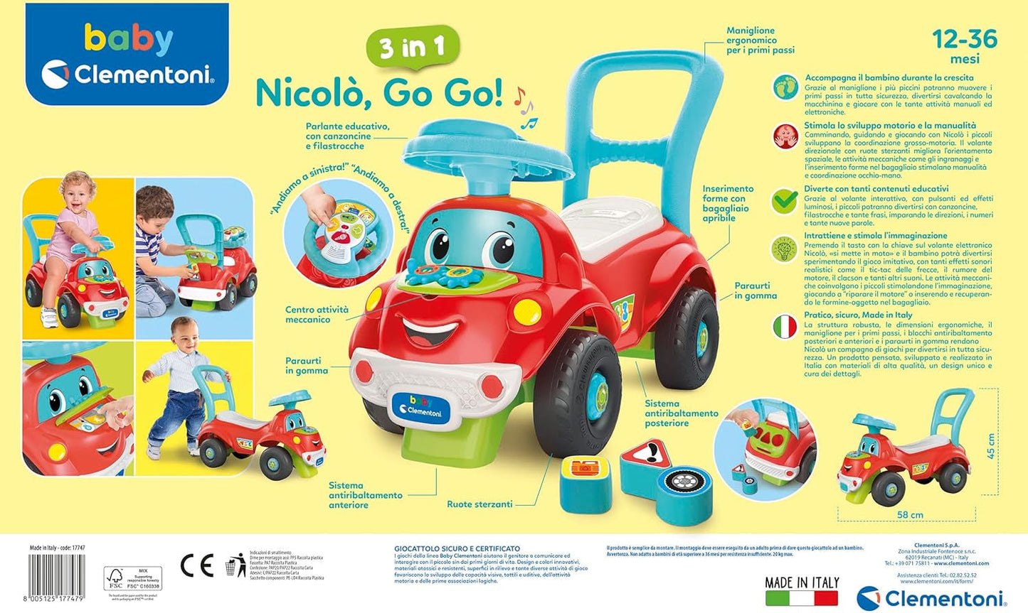 Clementoni – 17747 – Nicolò Go Go 3 in 1 – Reitauto, elektronischer Lernlautsprecher, erste Schritte, Lichter und Geräusche, Spiel für 1-Jährige – Made in Italy Bebe Toys Naty Shop