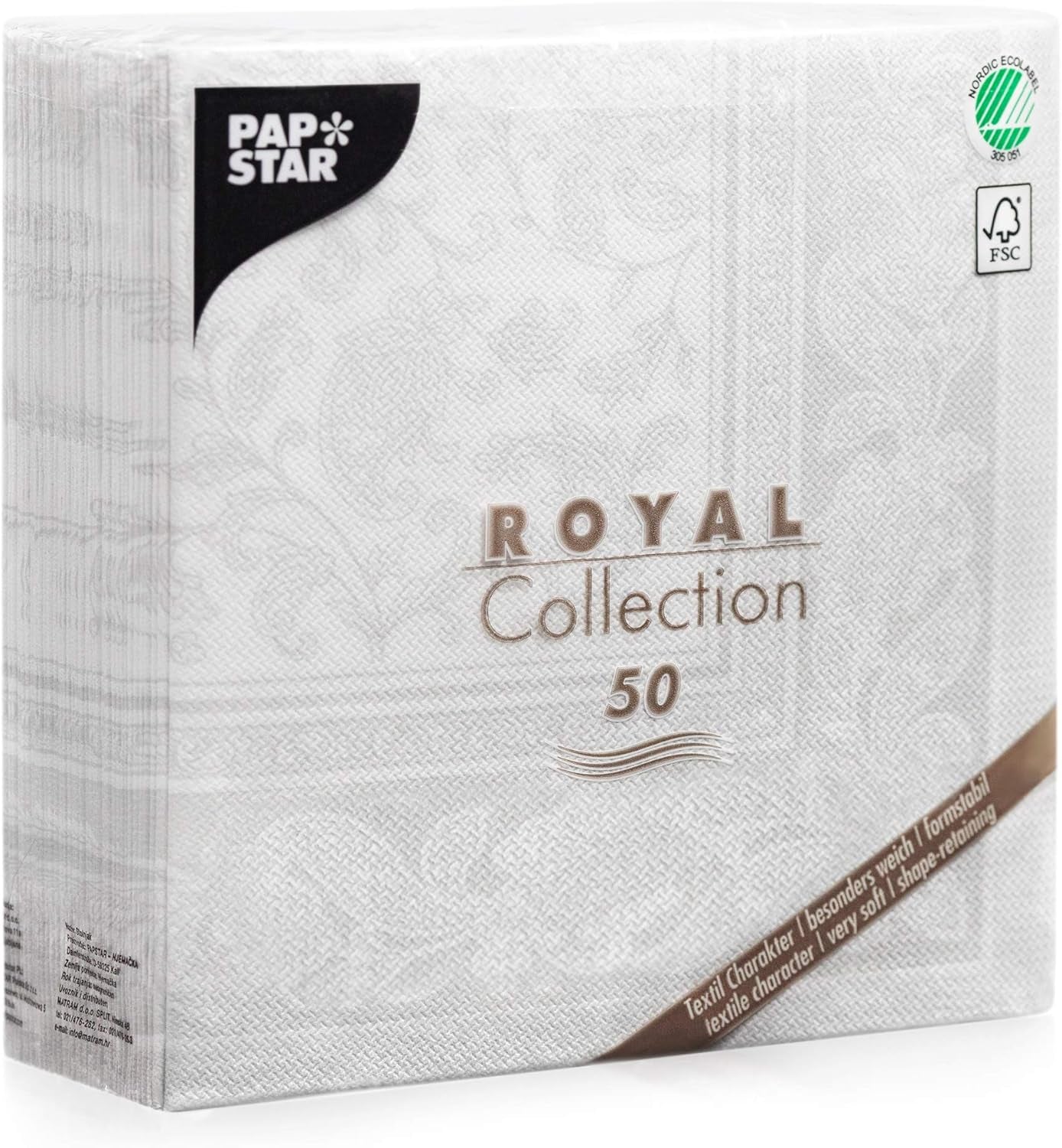 Papstar 11682 50 Servietten „Royal Collection“ 1/4 Falz 40 x 40 cm „Ornaments“, weiß