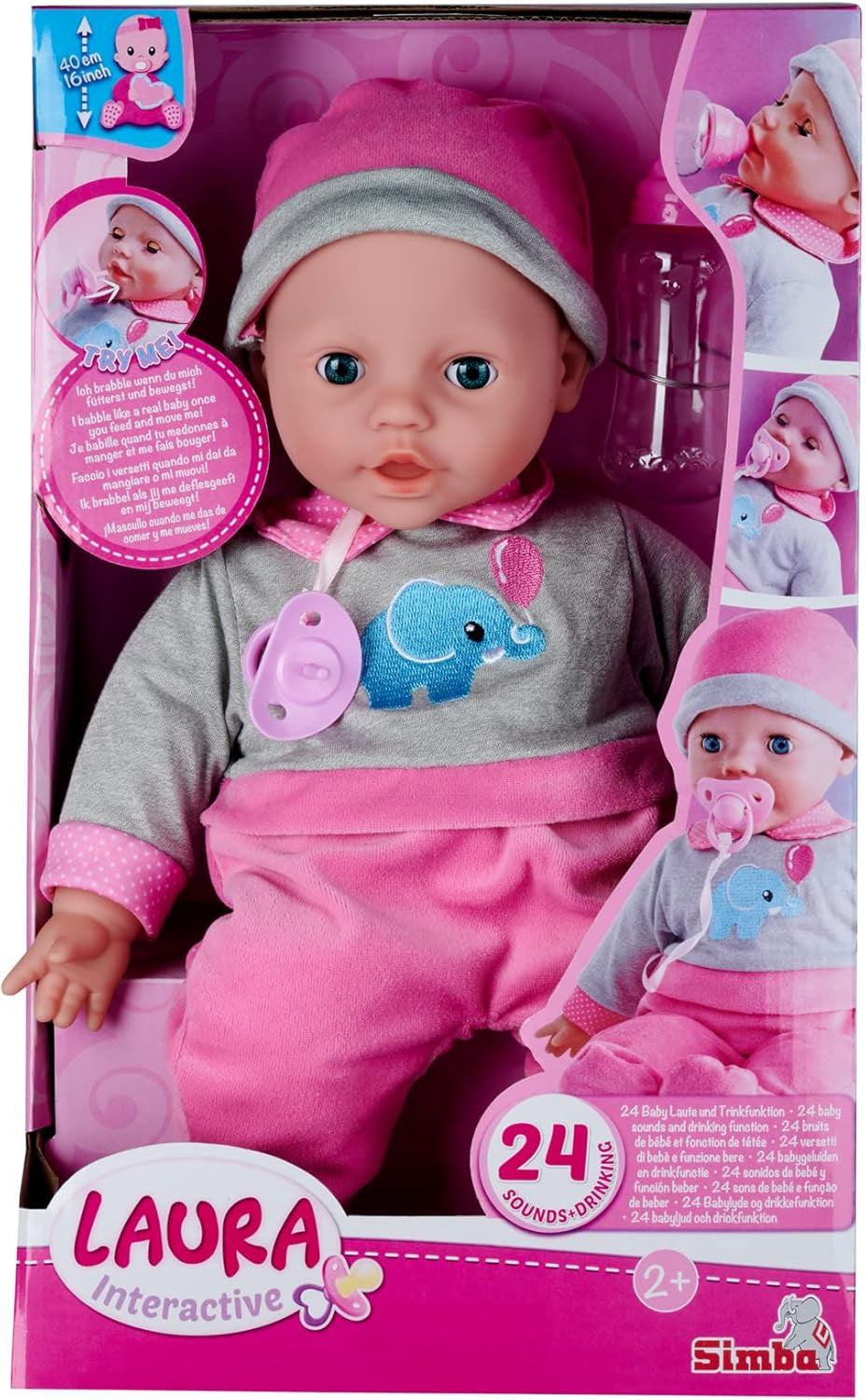 Simba 105140066 – Laura Interactive, Weichkörperpuppe mit schläfrigen Augen, plappert bei Bewegung, trinkt aus der Flasche und schläft, 40 cm, Puppe ab 2 Jahren Naty Shop Dolls Standardtitel