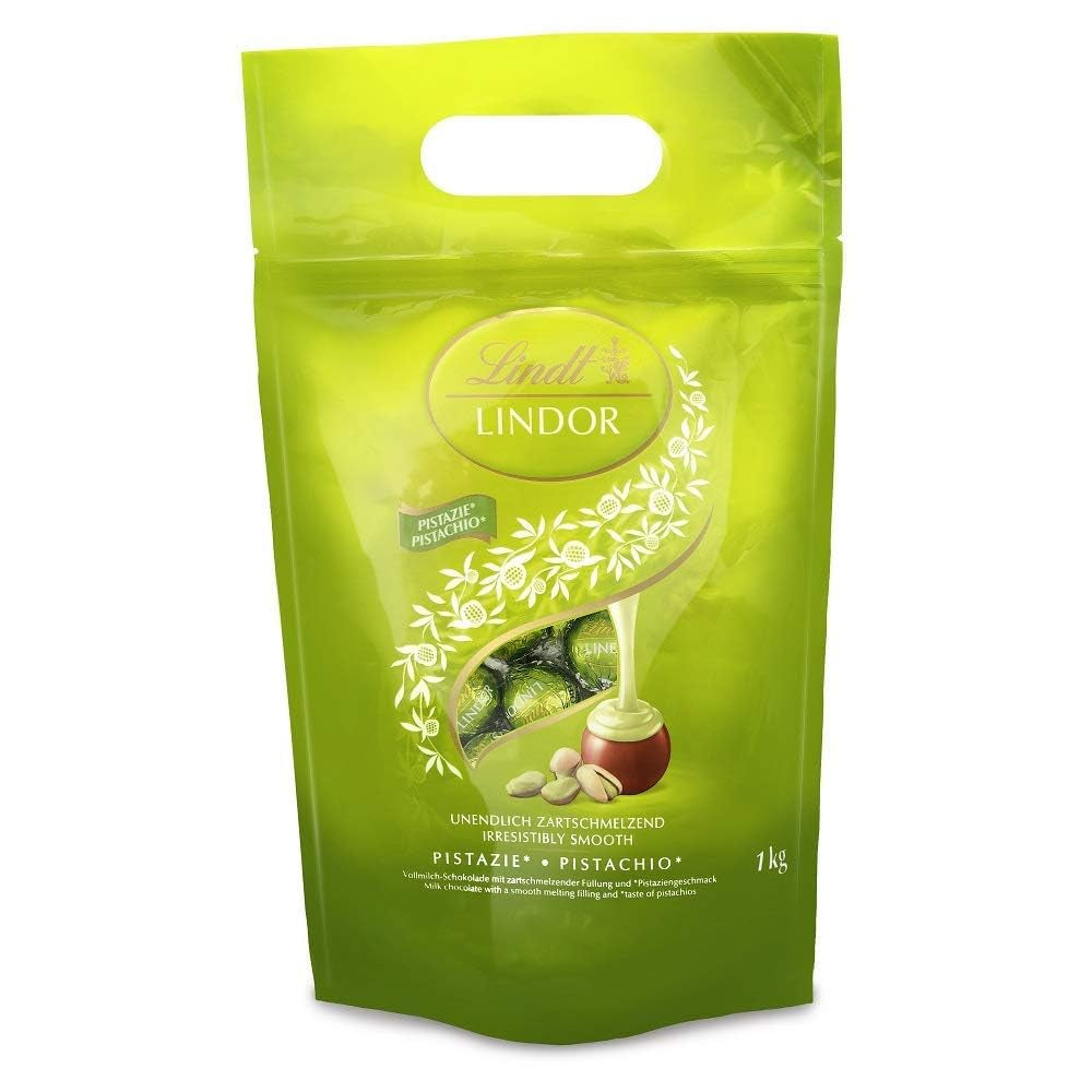 Lindt LINDOR Schokolade mit Pistazien | 1 kg wiederverschließbarer Beutel | ca. 80 Milchschokoladenkugeln mit zartschmelzender Pistaziencremefüllung | Großpackung, Pralinengeschenk