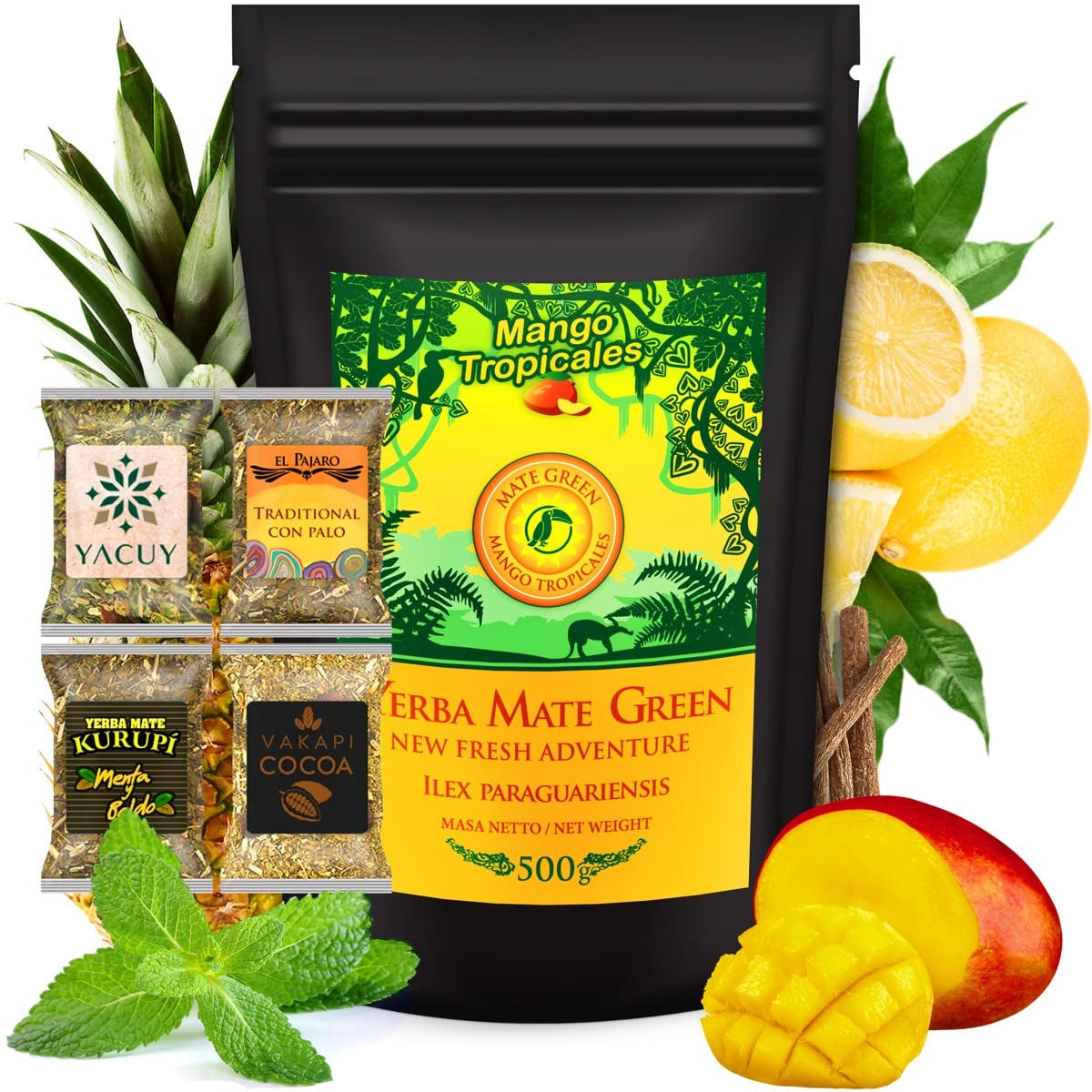 Yerba-Mate-Tee-Set ● Mango Tropicales Mate-Tee 500 g ● Mate-Tee-Set 4 x 25 g ● Mate-Tee mit Früchten ● Yerba Mate-Tee mit Mango, Ananas, Zitrone