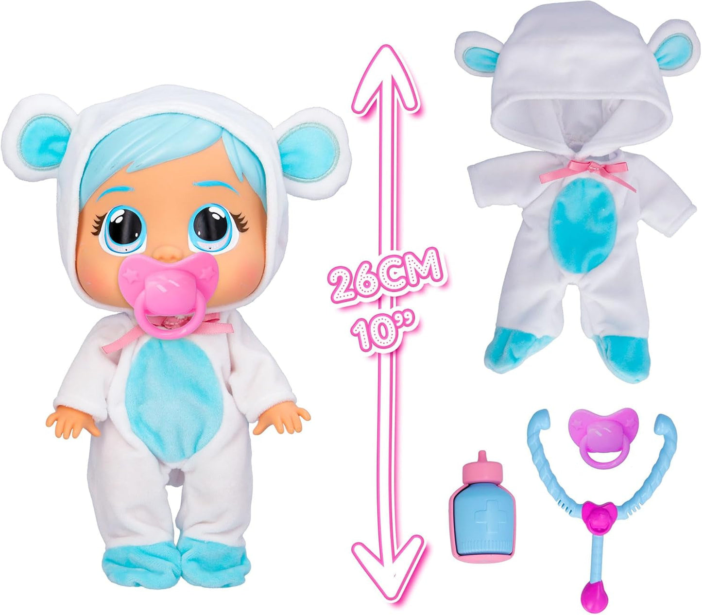 Cry Babies Loving Care Kristal Puppe, Kristal Loving Care Babypuppe mit 3 Zubehörteilen für Arztspiele, Pflege, Weinen mit echten Tränen, Spielzeug für 18 Monate alte Babys