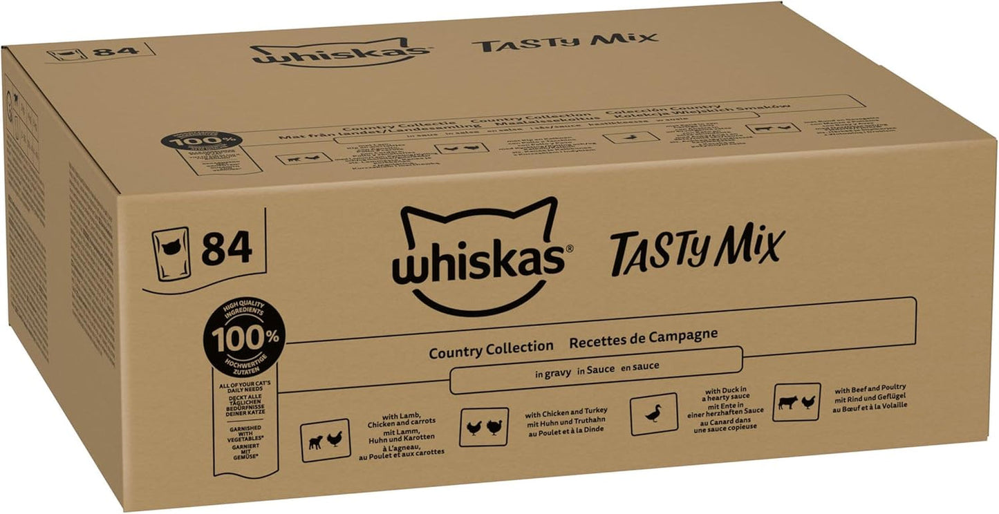 Whiskas Adult Nassfutter 1+ Tasty Mix Country Collection in Sauce, 84 Beutel, 84 x 85 g (1 Großpackung) – Hochwertiges Nassfutter für erwachsene Katzen