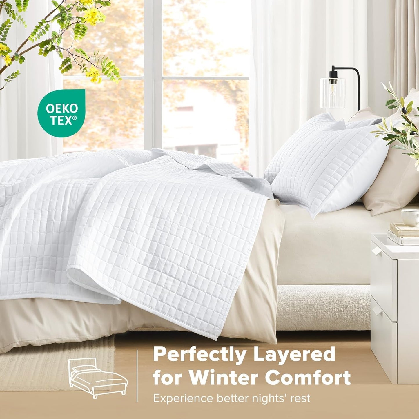 Comfort Spaces Kienna Steppdecken-Set, luxuriöse Doppelnaht-Sommerdecke, leichte, weiche Ganzjahresbettwäsche, passender Kissenbezug, weiße King-Size-Decke (264,2 x 228,6 cm), Naty Shop Bettdecken und Steppdecken