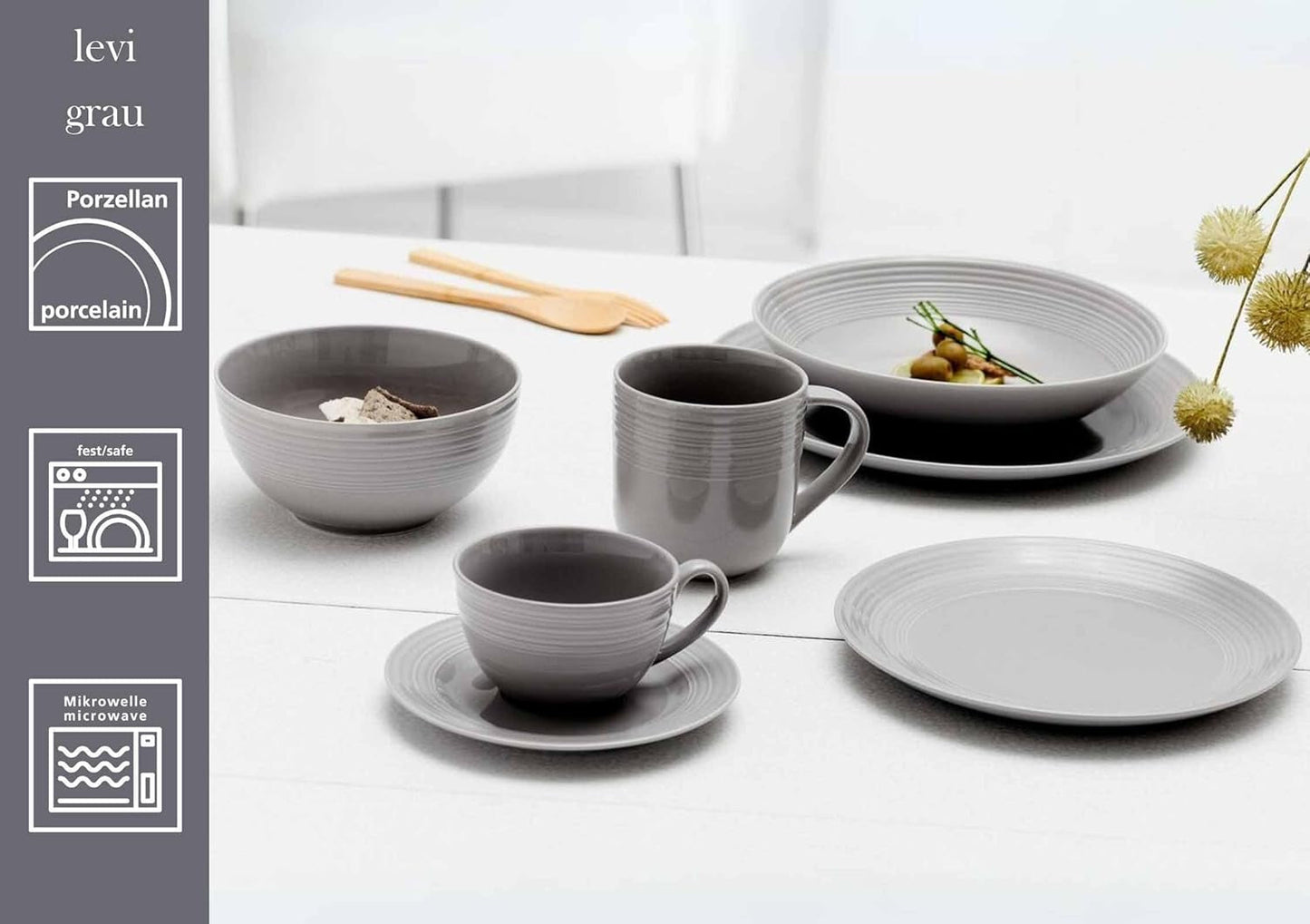 Ritzenhoff & Breker Levi 16-teiliges Geschirrset, Teller, Schüsseln und Tassen für 4 Personen, skandinavisches Design mit feinem geriffeltem Relief, Mix & Match-Geschirr, Porzellan, Weiß und Grau