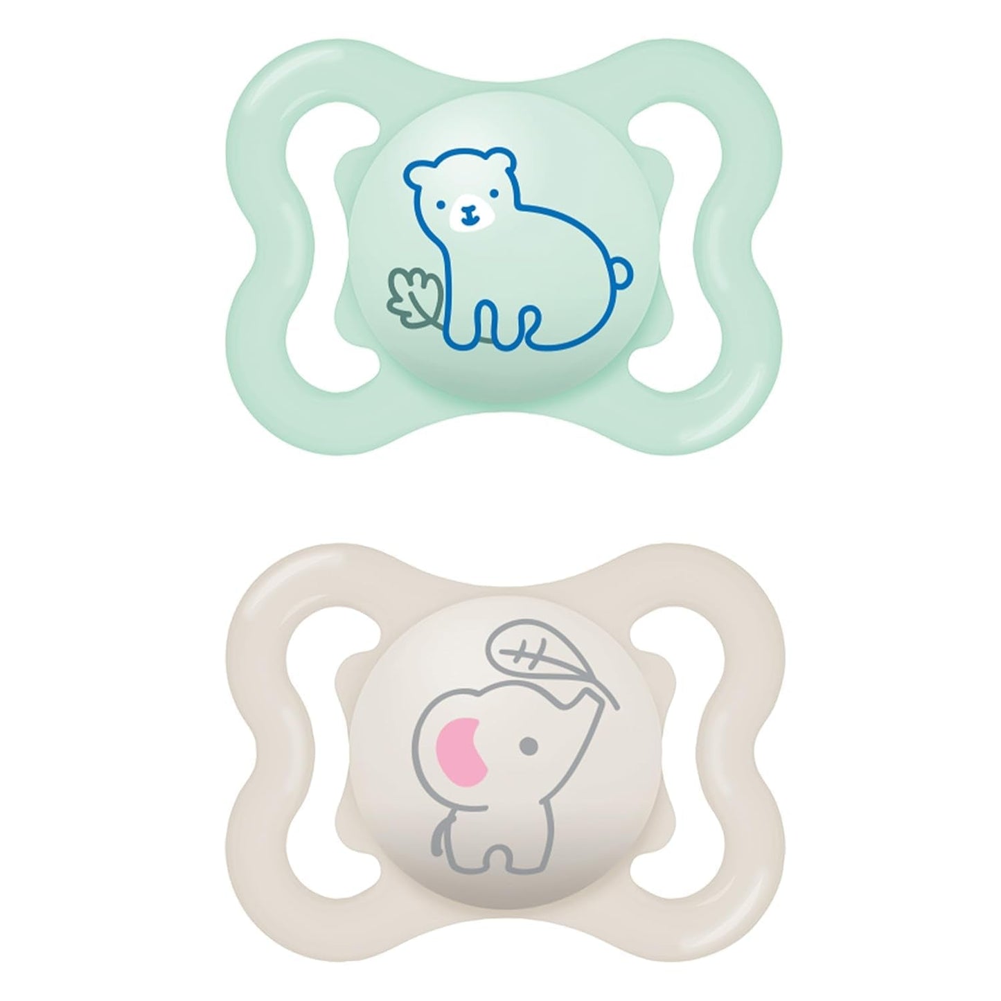 MAM Air Silikon-Schnuller, 2er-Pack, extra leichtes und luftiges Design, zahnfreundlicher Baby-Schnuller aus MAM SkinSoft-Spezialsilikon, mit Schnullerbox, 6-16 Monate, Bär/Nashorn