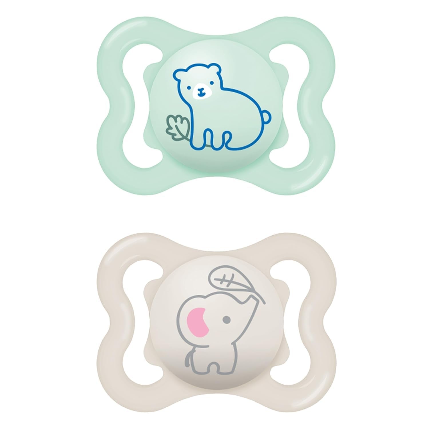 MAM Air Silikon-Schnuller, 2er-Pack, extra leichtes und luftiges Design, zahnfreundlicher Baby-Schnuller aus MAM SkinSoft-Spezialsilikon, mit Schnullerbox, 6-16 Monate, Bär/Nashorn