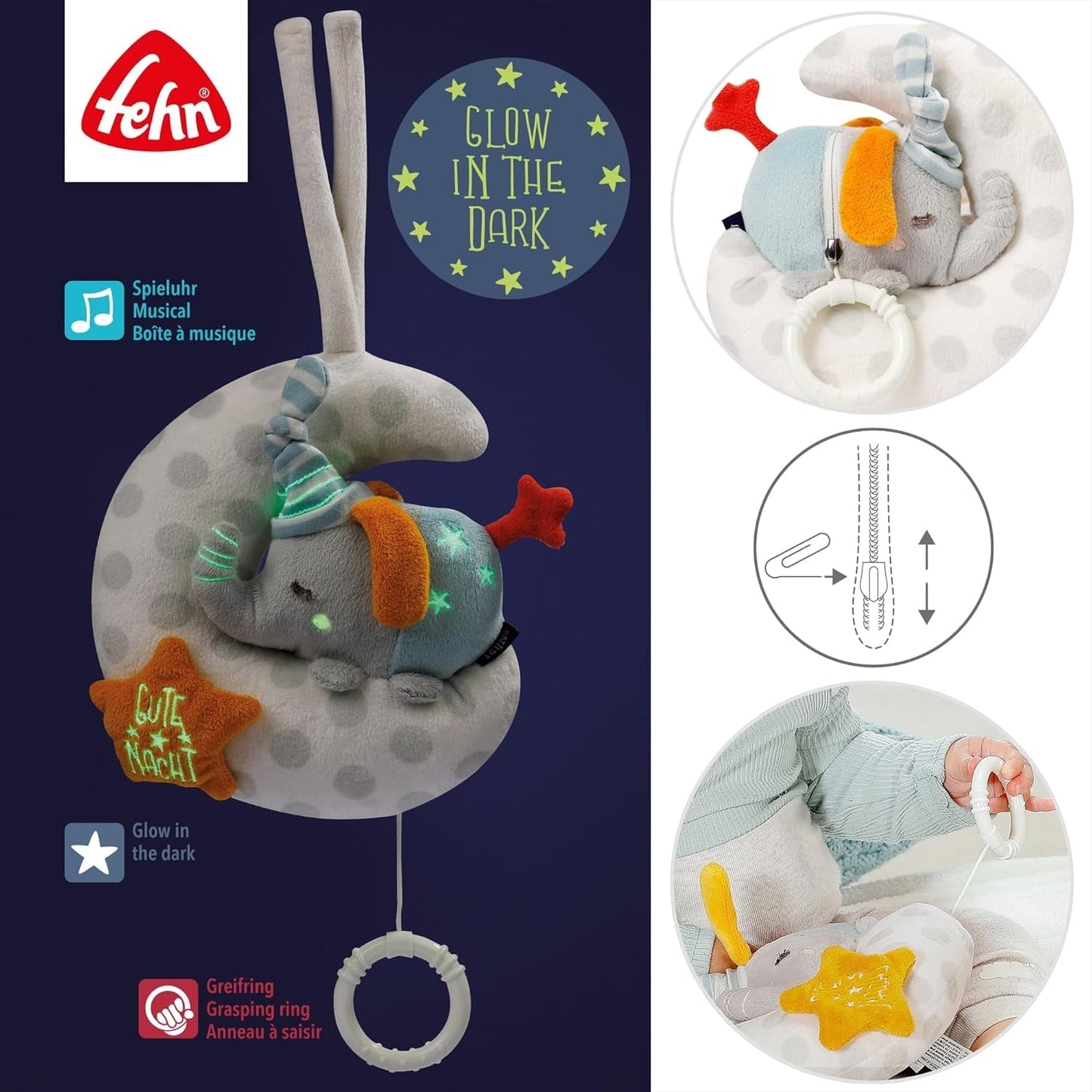 Fehn Spieluhr Elefantenbaby im Mond - Stickerei „Glow-in-the-dark“ mit dem Lied „Der Mond ist aufgegangen“ – Plüschtier zum Einschlafen – Spielzeug für Kinder unterwegs und zu Hause – ab 0+ Monaten Babyspielzeug Naty Shop