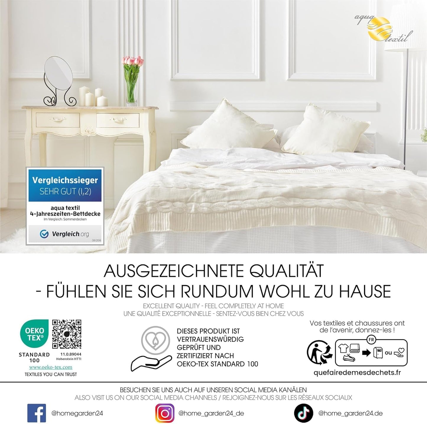 Aqua-Textil 4-Jahreszeiten-Steppdecke 135 x 200 cm, zusammengeknüpfte Decken, Winter 800 g, Sommer 600 g, Klimaregulierung, Öko-Tex, Bettdecken und Steppdecken, Naty Shop