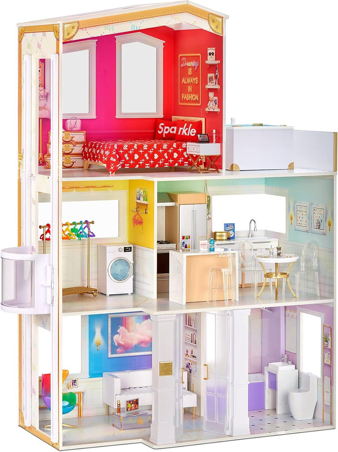 Rainbow High Townhouse – 3-stöckiges Puppenhaus aus Holz mit 5 farbenfrohen Zimmern und Terrasse – Komplett möbliertes Haus mit Aufzug und funktionellem Zubehör – Spielzeug für Puppenhäuser ab 4–12 Jahren Naty Shop 2021 Rainbow High House
