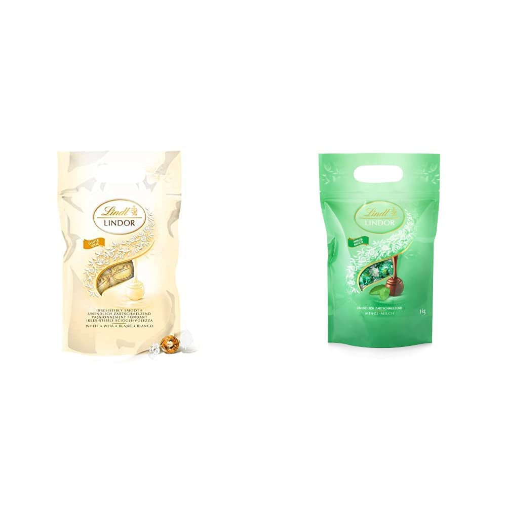 LINDOR weiße Schokoladenkugeln, 1 kg und LINDOR | 1 kg wiederverschließbarer Beutel | ca. 80 Vollmilchschokoladenkugeln mit Minzfüllung | Großpackung, Pralinengeschenk, Schokoladengeschenk
