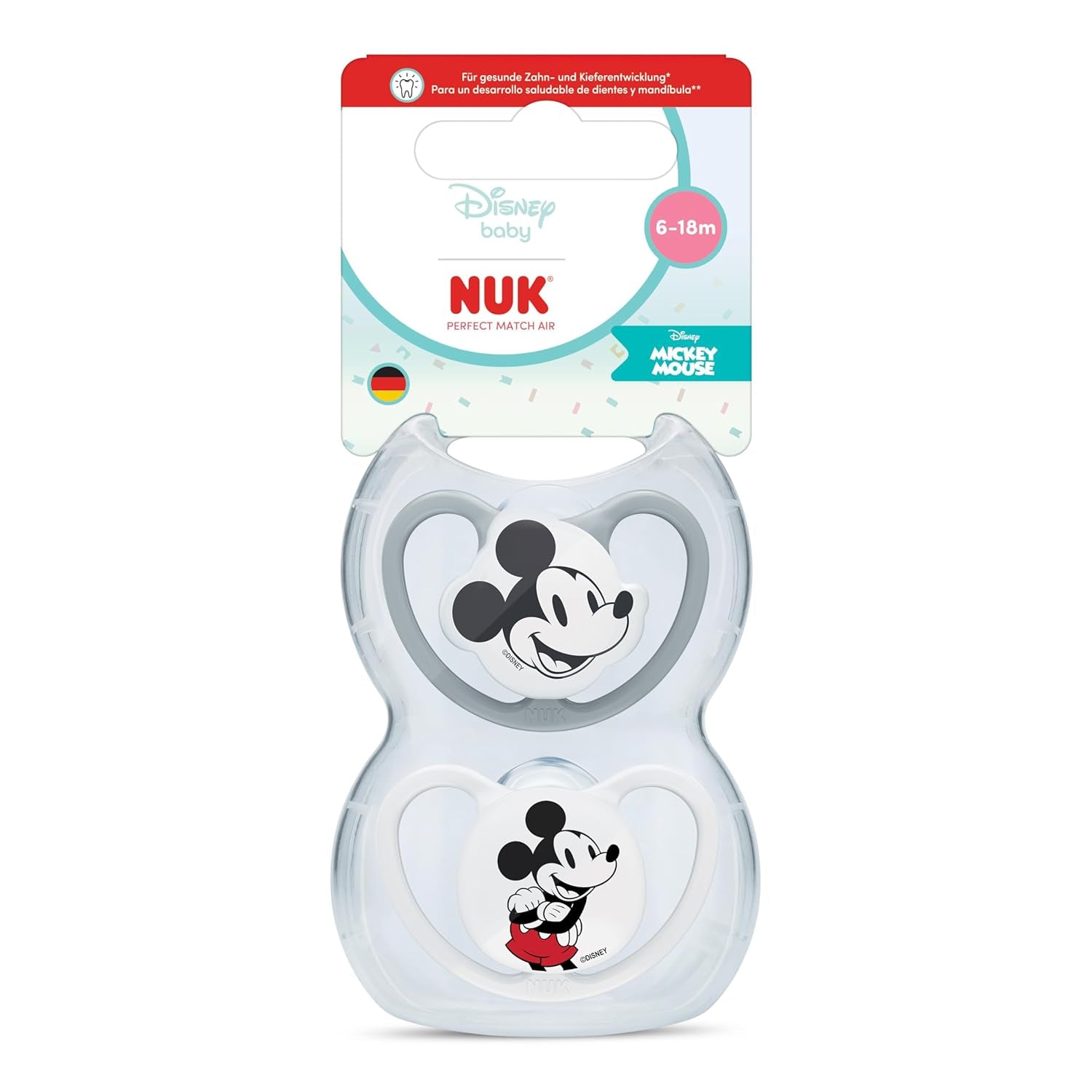 NUK Perfect Match Luftschnuller für Babys | 6-18 Monate | Kieferorthopädische Schnuller, die die Luftzirkulation fördern und durch Speichel verursachte Hautausschläge verhindern | 95 % Akzeptanz bei Babys** | Disney Mickey Mouse | 2 Stück