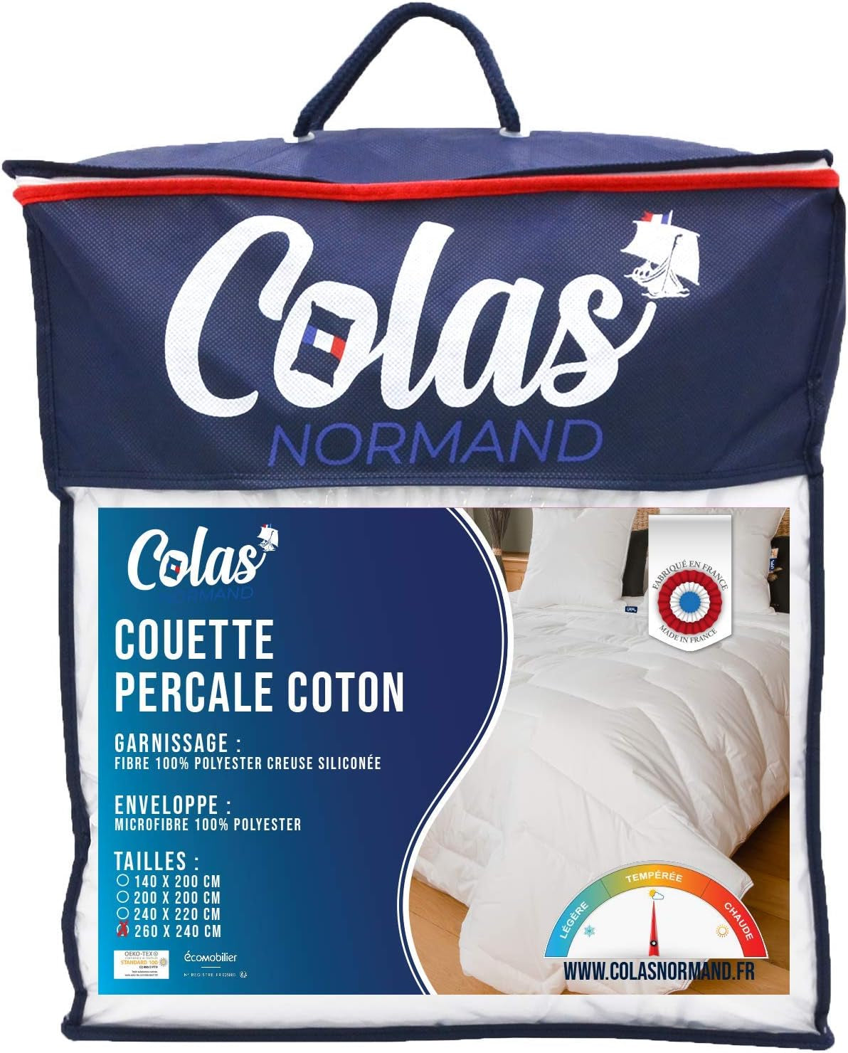 COLAS NORMAND Steppdecke aus Perkal-Baumwolle, 260 x 240 cm, hochwertig, Perkal aus 100 % Baumwolle, weich und bequem, langlebig, feine Verarbeitung, hergestellt in Frankreich, weiß, Naty Shop, Steppdecken und Steppdecken 260 x 240 cm, zugelassen
