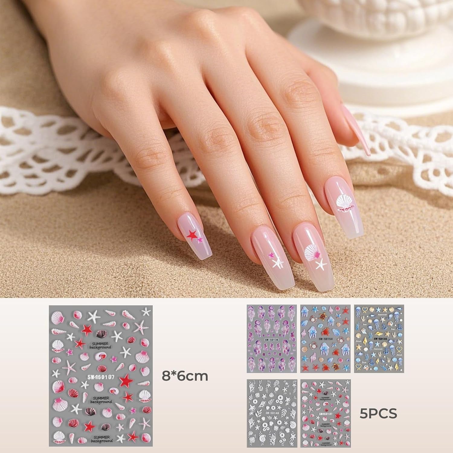 5 Stück 5D-geprägte Nagelaufkleber, Ozeanmuster, Nagel-Charms, Ozean-Sommer-Nagelaufkleber, Muscheln, Meerestiere, niedliche Nageldesign-Aufkleber, Nageldesign-Zubehör