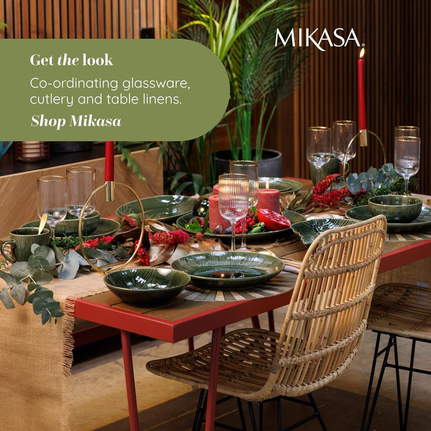 Mikasa Jardin 12-teiliges Geschirrset, Steinzeug-Geschirrset für 4 Personen mit Tellern, Beilagentellern und Schüsseln, grün – Geschenkbox und spülmaschinenfest