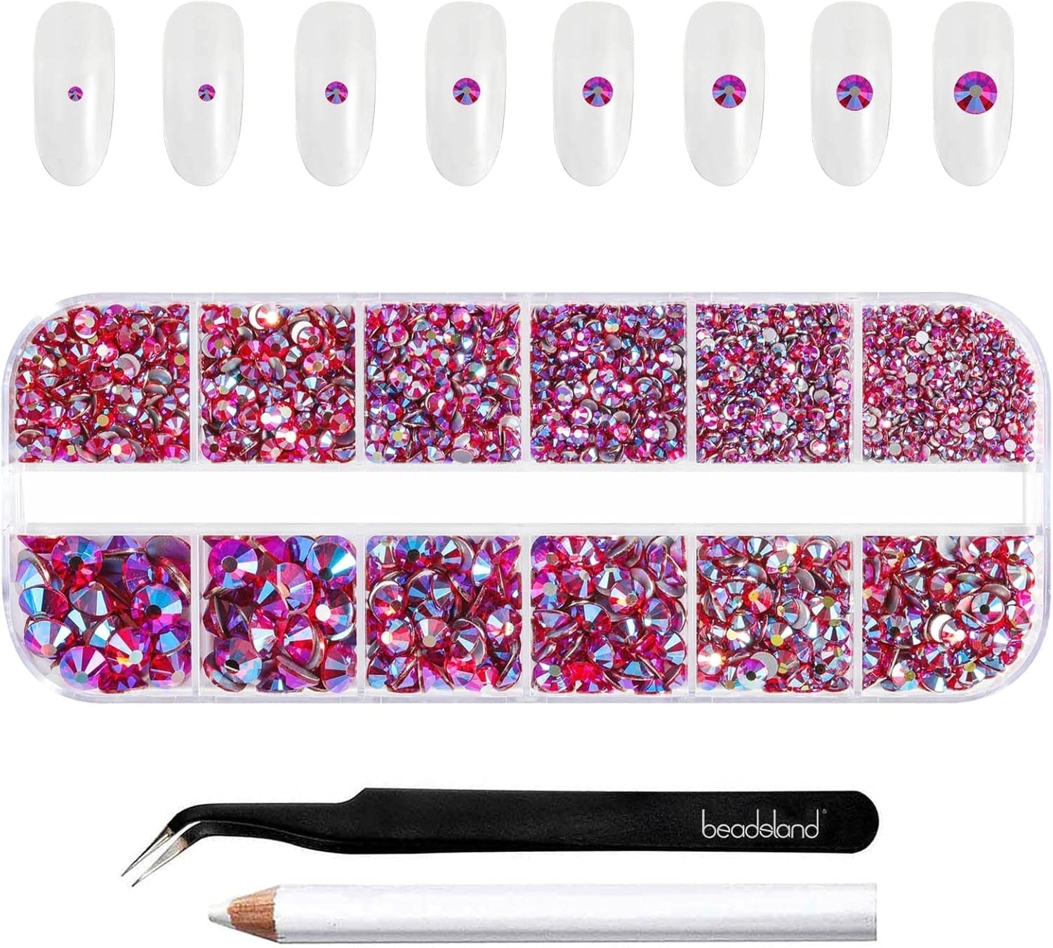 Beadsland 2500 Stück Glas Nailart Strasssteine ​​​​Kristall Flatback Edelsteine ​​​​Runde, ​​Für Handwerk Gemischt 8 Größen SS4 ~ SS30 Mit Picking Pinzette Und Stift (Kristall Weiß)