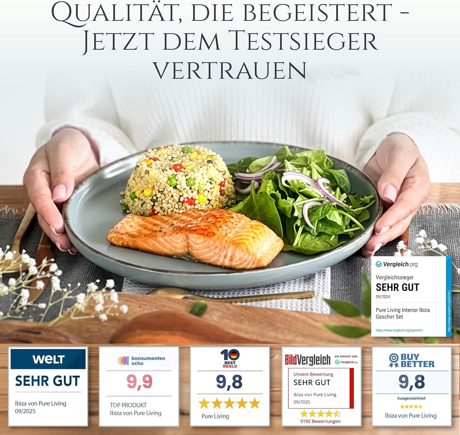 Steingut Geschirrset 6 Personen Rustikal 24 tlg. TESTSIEGER, Hochwertiges Landhausstil Steingut Geschirr Set, Schüssel- und Teller Set, Tafelservice 6 Personen, Geschirrsets Pure Living in Rauchblau