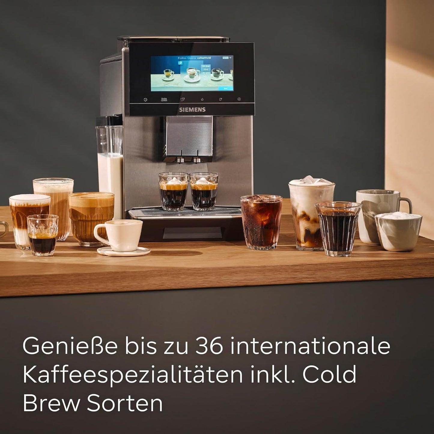 Automatische Espressomaschine Siemens EQ900, großer TFT-Farbbildschirm, 2 Bohnenbehälter, 36 Heiß- und Kaltgetränke, kalter Kaffee, superleise, Zwei-Tassen-Funktion, App-Steuerung, Edelstahl, TQ907D03