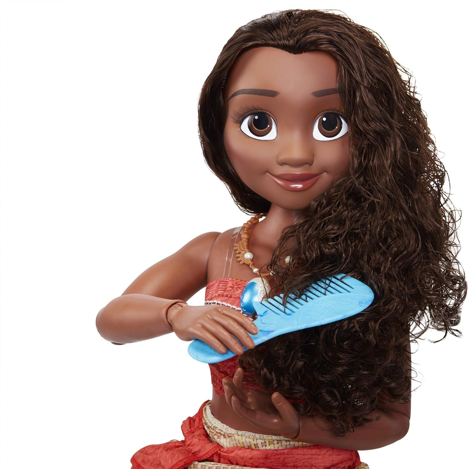 Disney Princess Vaiana, 80 cm große Spielpuppe von Jakks Pacific, bewegliche Puppe, mit Bürste zum Kämmen ihrer welligen Locken, vom Film inspiriertes Kleid, abnehmbare Halskette mit Anhängern