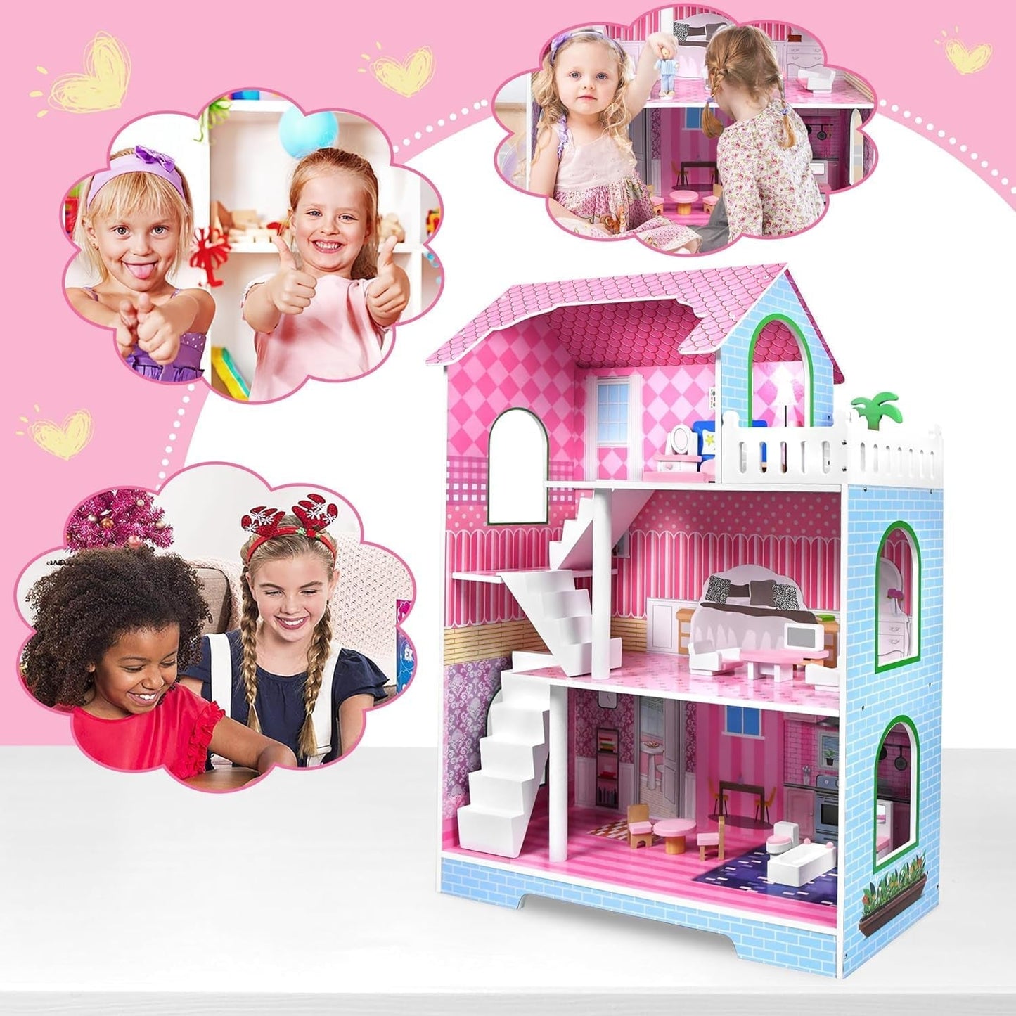 HENGMEI Puppenhaus Kinder Holz Puppenvilla Dollhouse Set Mädchen Spielset 3 Etagen Haus mit Möbeln und Zubehör, 70x30x100cm Puppenhäuser für Kinder (Typ B)
