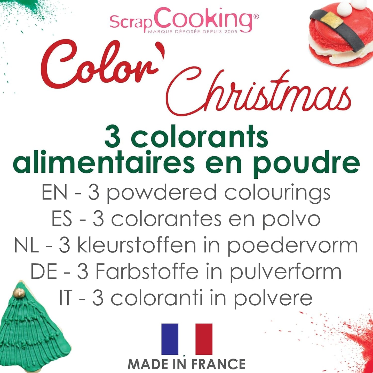 Scrapcooking – Set mit 3 pulverisierten Weihnachts-Lebensmittelfarben – Rot, Grün, Gold – Essbare Lebensmittelfarben zum Backen, Kuchen, Kekse, Gebäck, Teig, Fondant – Weihnachtsdekorationen – 4018
