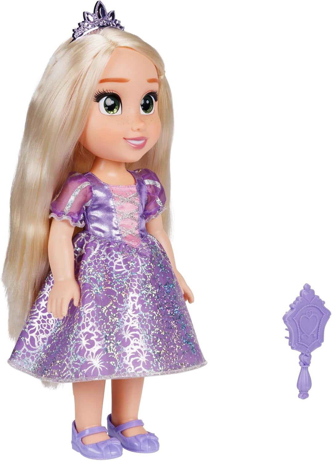 Disney Princess Rapunzel 35 cm große Puppe, reflektierende Glitzeraugen, bewegliche Gelenke, abnehmbares Kleid, Schuhe, Krone, langes blondes Haar, für Mädchen ab 3 Jahren